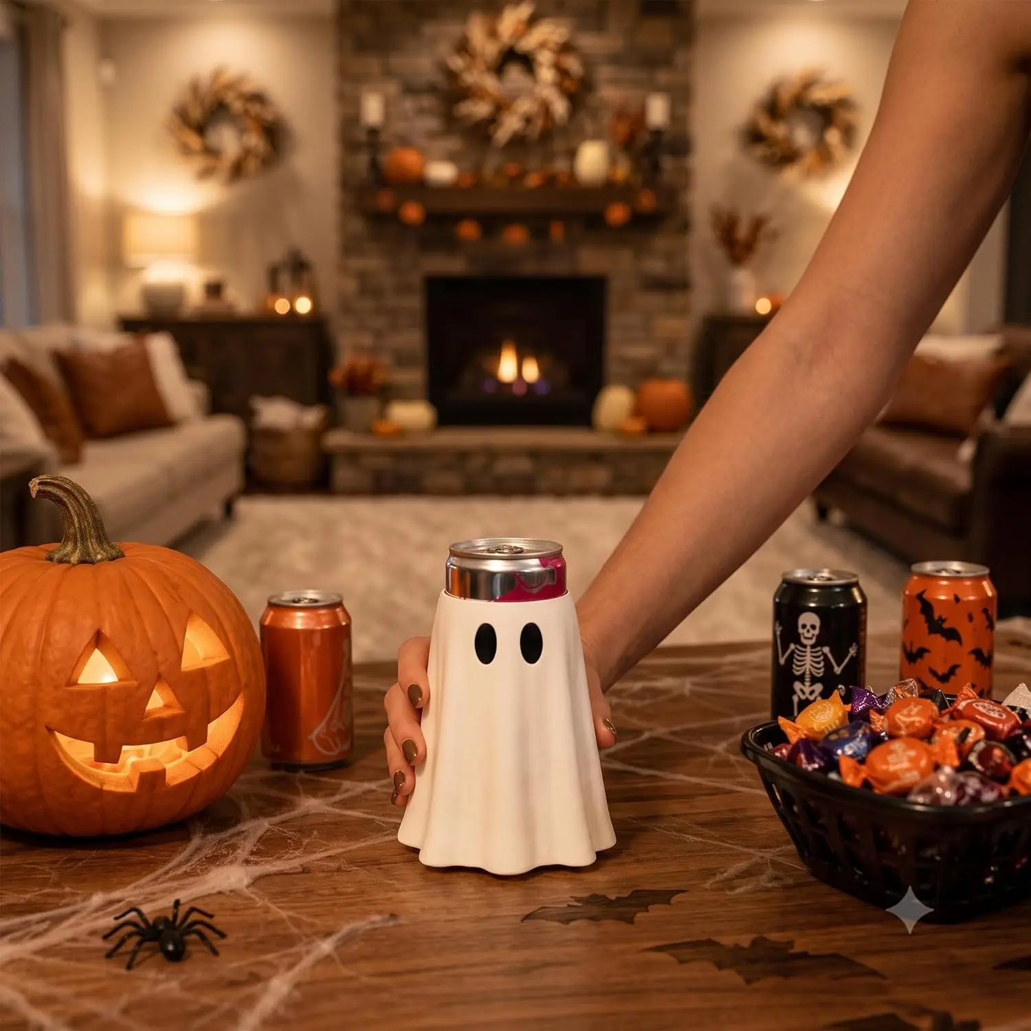 Spooky Can Accessories - Witch Hat Can Topper & Ghost Can Sleeve