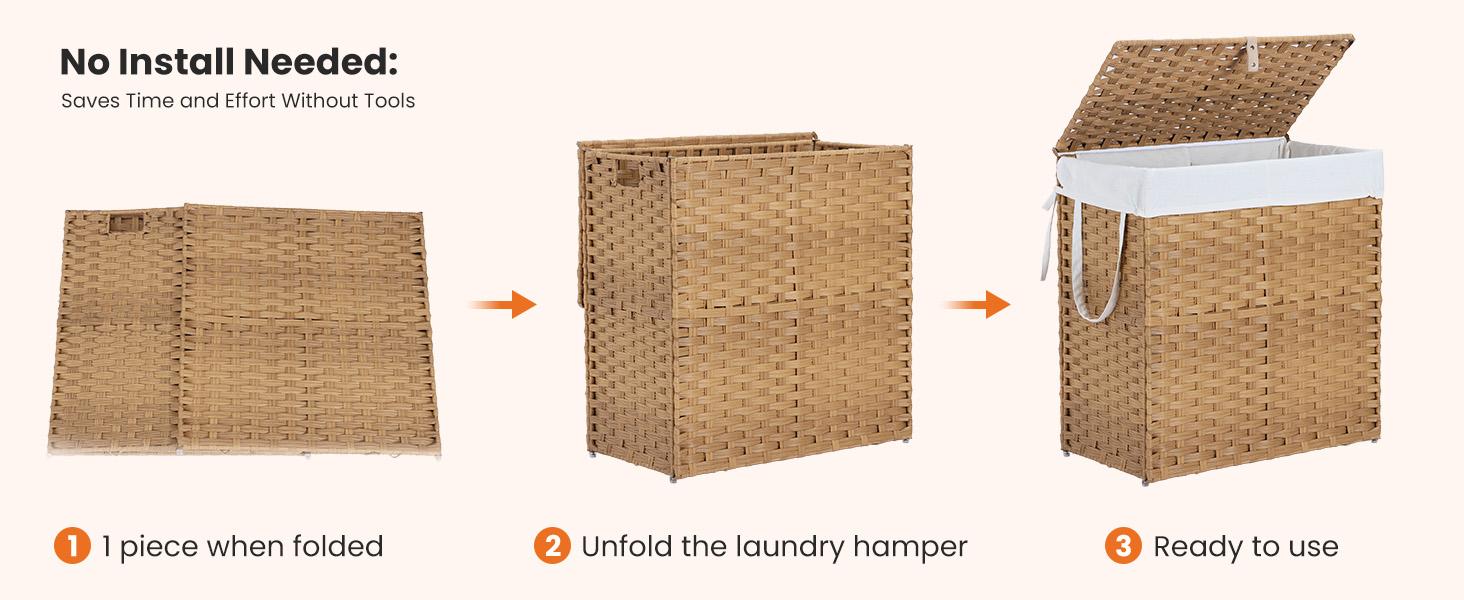 Sweetcrispy Woven Rattan Laundry Hamper with Lid, Foldable Clothes Basket with Steel Frame and Removable Liner for Bathroom and Bedroom