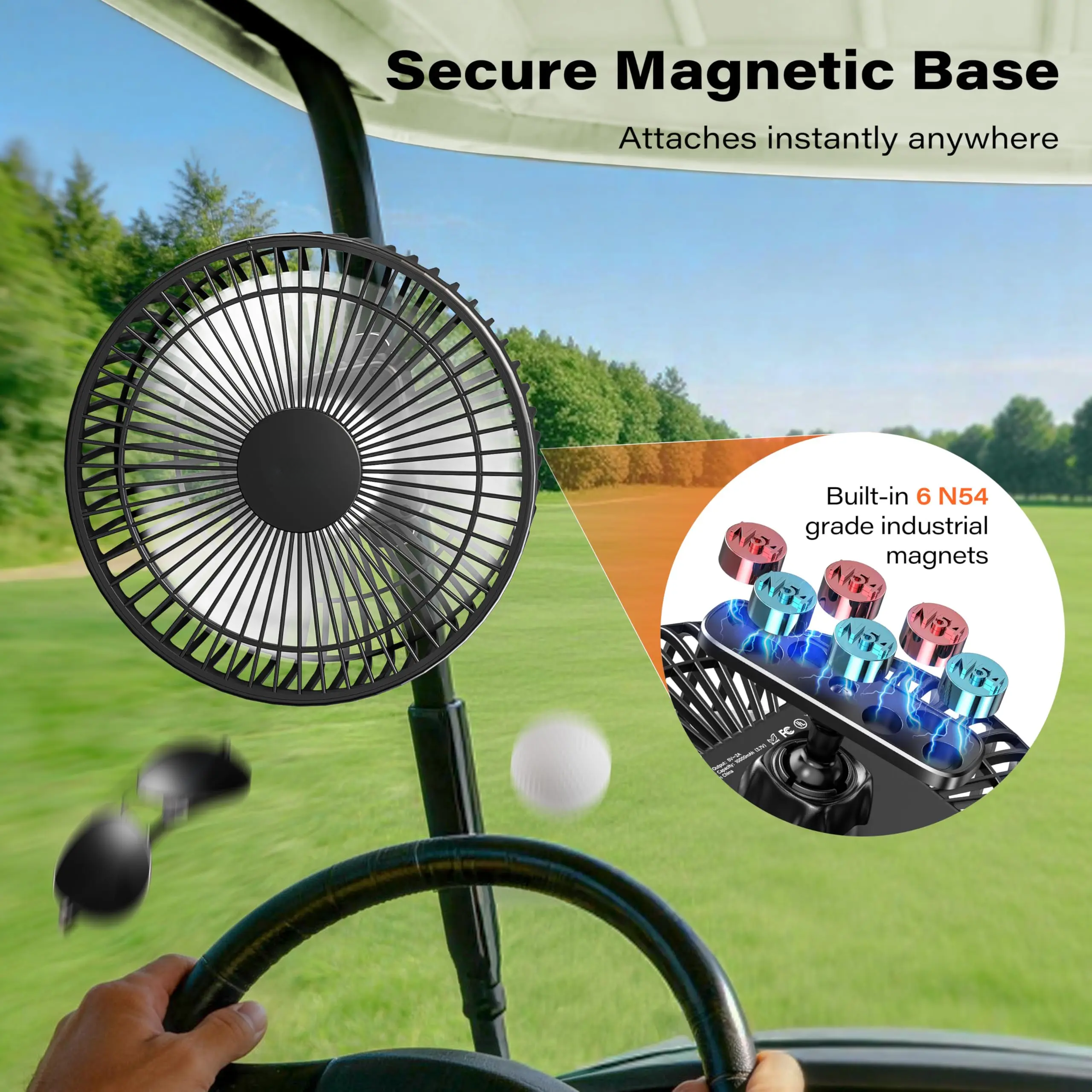 Magnetic Golf Cart Fan for EZGO Club Car Yamaha, 7.5" Rechargeable Portable Fan, 4 Speeds, Up to 28H Runtime, Strong Magnetic Mount, Battery Operated Cooling Fan for Hot Golf Rounds,dorm essentials,home essentials