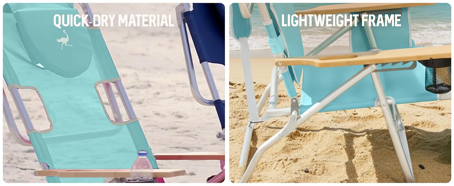 A close-up of an aqua beach chair on the beach showing its features.