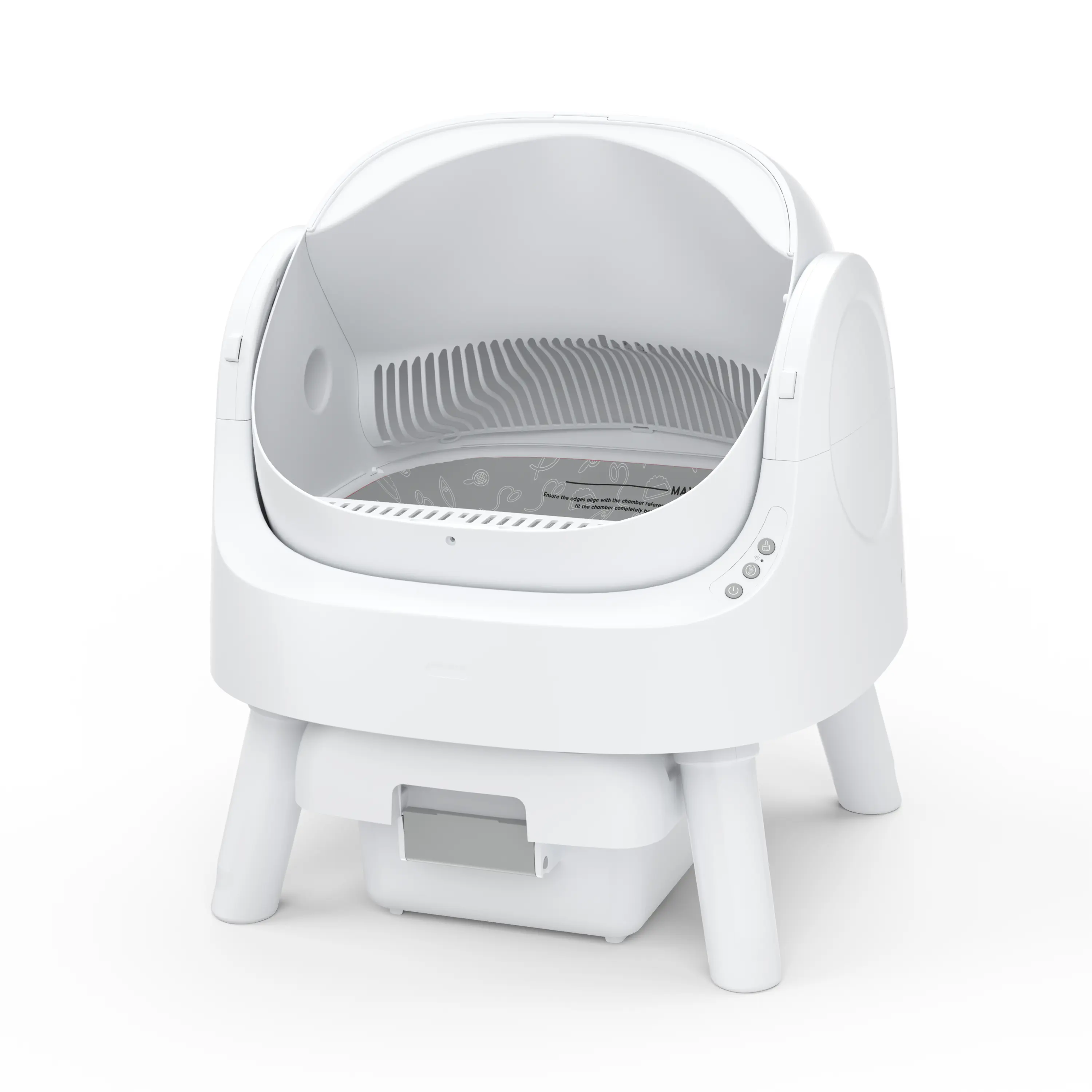 Open‑top self‑cleaning cat litter box with infrared safety sensors, odour‑locking sealed waste drawer, whisper‑quiet 32dB operation for up to 14‑days hands‑free cleaning.