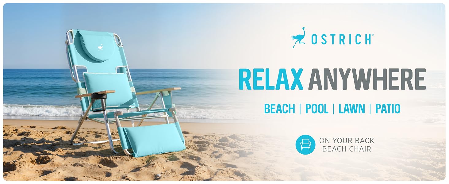 Ostrich aqua beach chair by the seashore. Text reads: Ostrich Relax Anywhere.