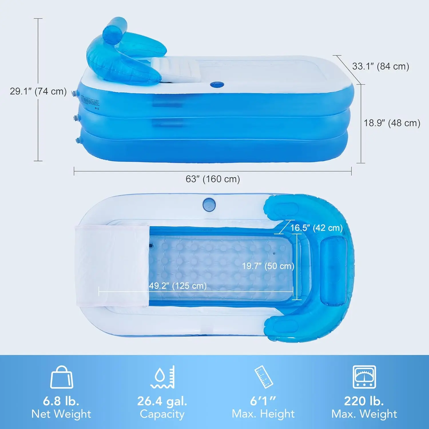 Inflatable Bathtub with Electric Air Pump & Bath Pillow Headrest Portable Blow Up Tub for Adults Durable PVC Material Indoor Outdoor Use Foldable Spa Cover Drainage Hose Cup Holder