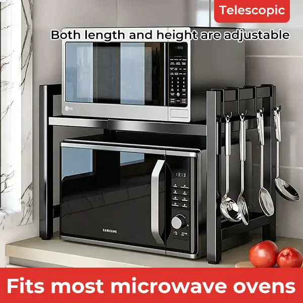 Adjustable Double-Layer Carbon Steel Microwave Rack for Kitchen Countertop Home Storage