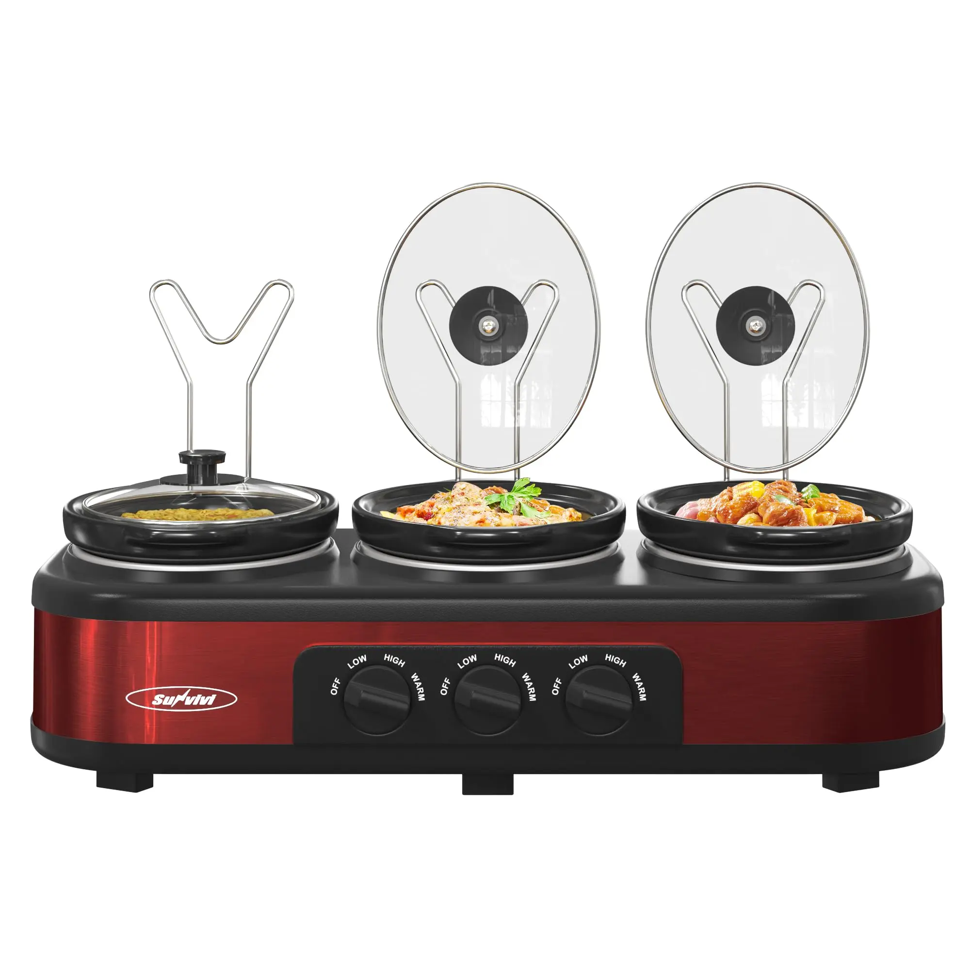 Triple‑pot slow cooker with independent temperature controls, cook three dishes at once, dishwasher‑safe pots, ideal for family meals and entertaining guests.