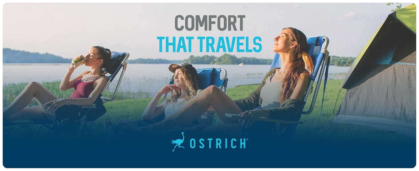 Three women sitting on beach chairs near a lake. Text reads: Comfort That Travels.