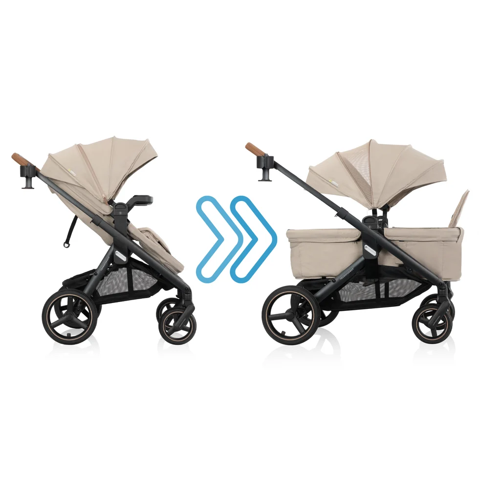 All-in-one convertible stroller and wagon travel system with smart safety monitoring, soothing functions, all-terrain wheels and eco-friendly fabric for newborns to toddlers.