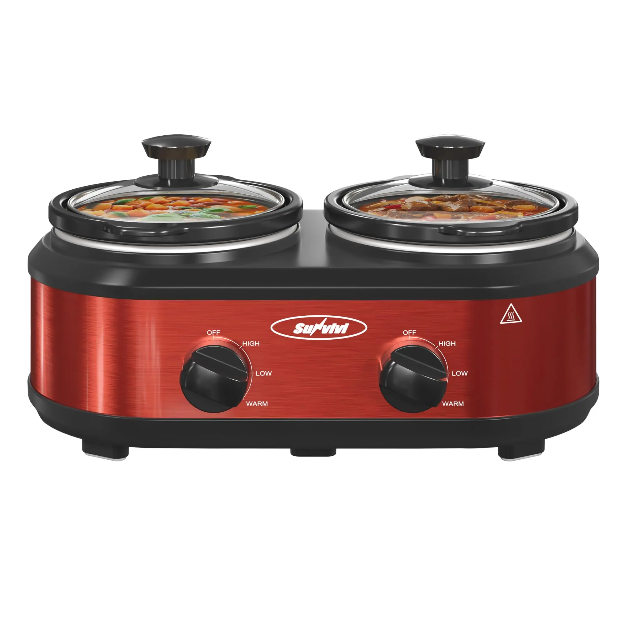 Triple‑pot slow cooker with independent temperature controls, cook three dishes at once, dishwasher‑safe pots, ideal for family meals and entertaining guests.