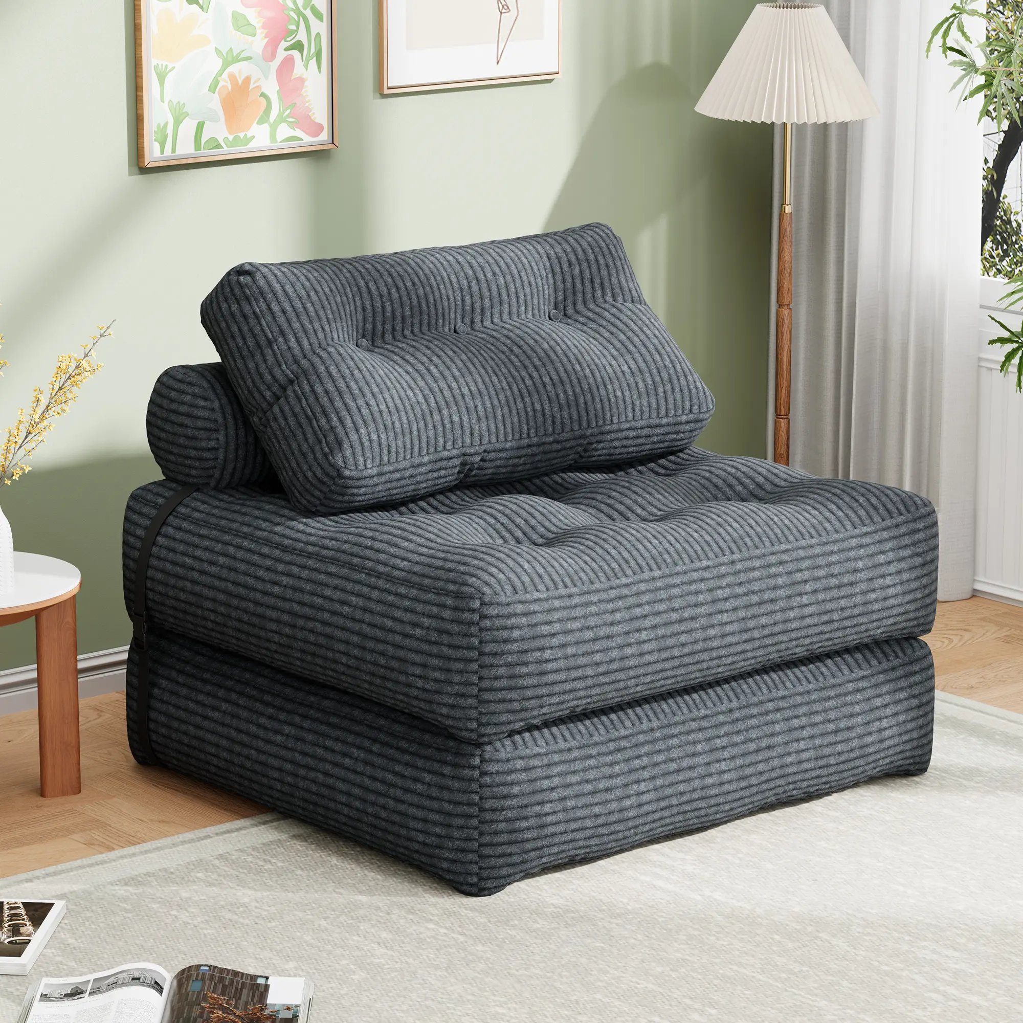 Cnmcld Folding Sofa Bed with Headrest & Lumbar Pillows, 3‑in‑1 Convertible Couch for Sitting Lounging Sleeping, Soft Corded Fabric in Pink Gray Beige for Dorm Small Apartment