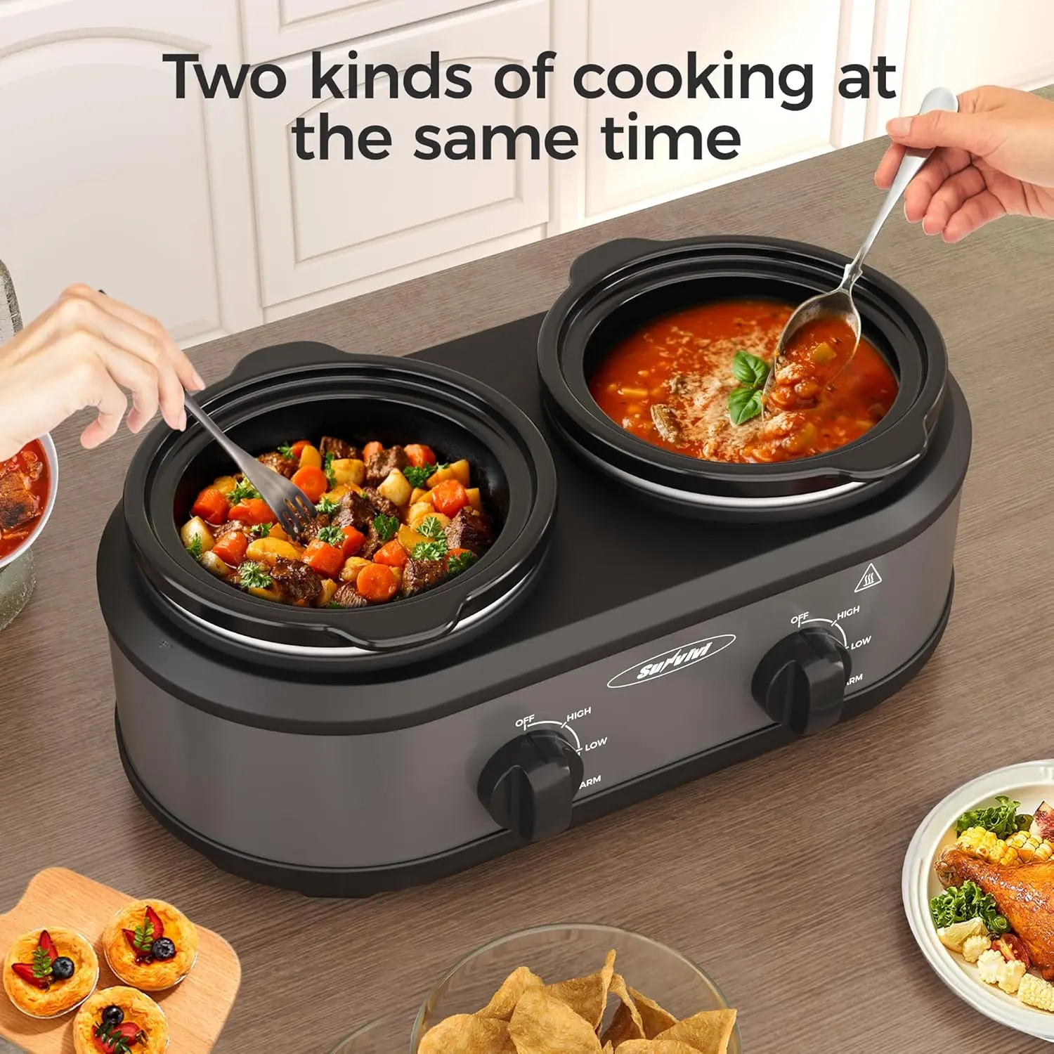 Triple‑pot slow cooker with independent temperature controls, cook three dishes at once, dishwasher‑safe pots, ideal for family meals and entertaining guests.