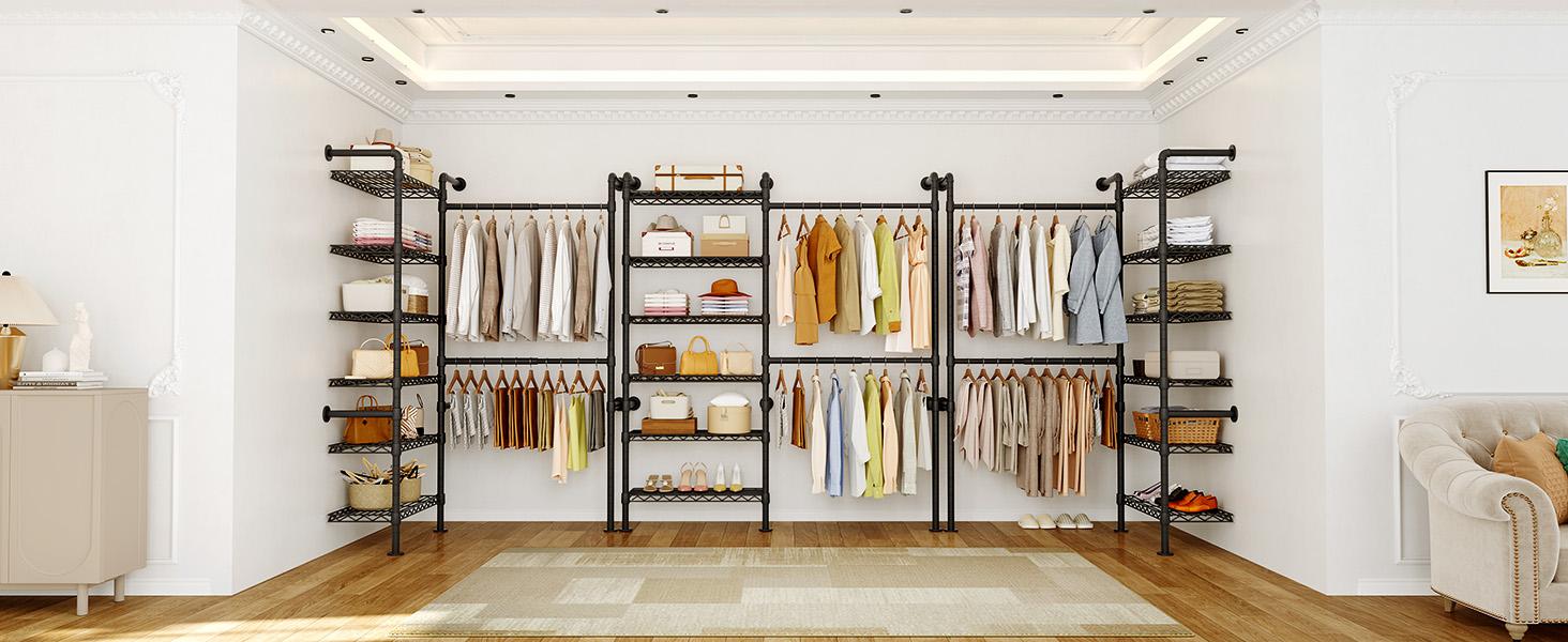 【MAX 900 LBS】ONBRILL Expandable(18.3-34.6") Wall Mounted Closet System, Industrial Pipe Clothing Rack, Clothes Rack Garment Racks Wardrobe Racks for Hanging Clothes, Heavy Duty Closet Organizers for LivingRoom Bedroom Furniture【BackToSchool】
