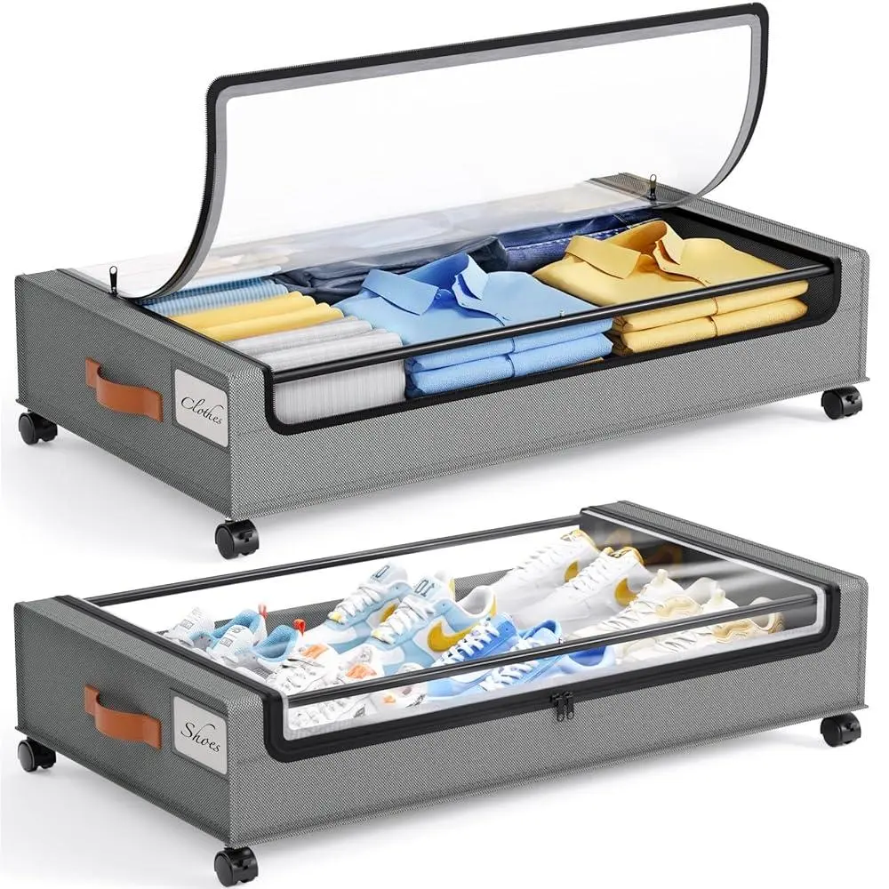 2‑Pack Under Bed Storage Box with Silent Wheels & Clear Lid, Rolling Under‑Bed Storage Organizer Drawer Bins for Clothes Shoes Toys, Dorm Room College Essentials for Bedroom Dormitory