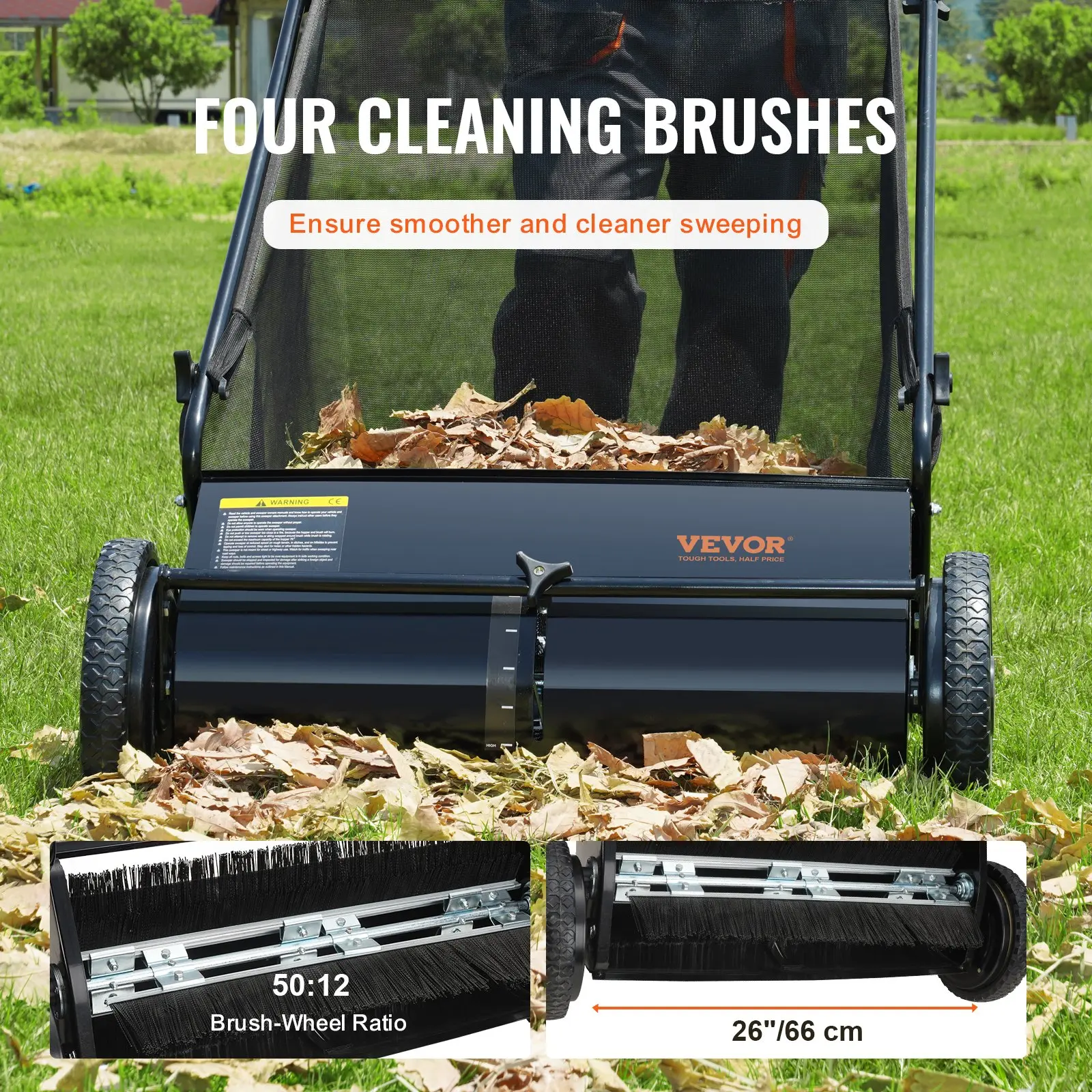 26‑inch manual push lawn sweeper with adjustable‑height dense spinning brushes, heavy‑duty steel frame and large 7 ft³ hopper bag for easy garden leaf and grass‑debris clearance.
