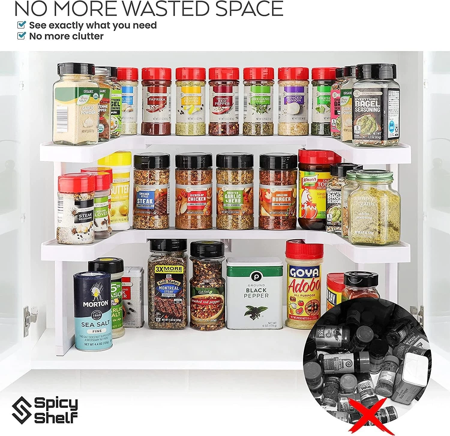 Reinforced adjustable cabinet organiser with non‑slip surface, holds 40 lbs, stores up to 64 spice jars. Versatile for spices, supplements and craft gear to tidy kitchen cupboards.