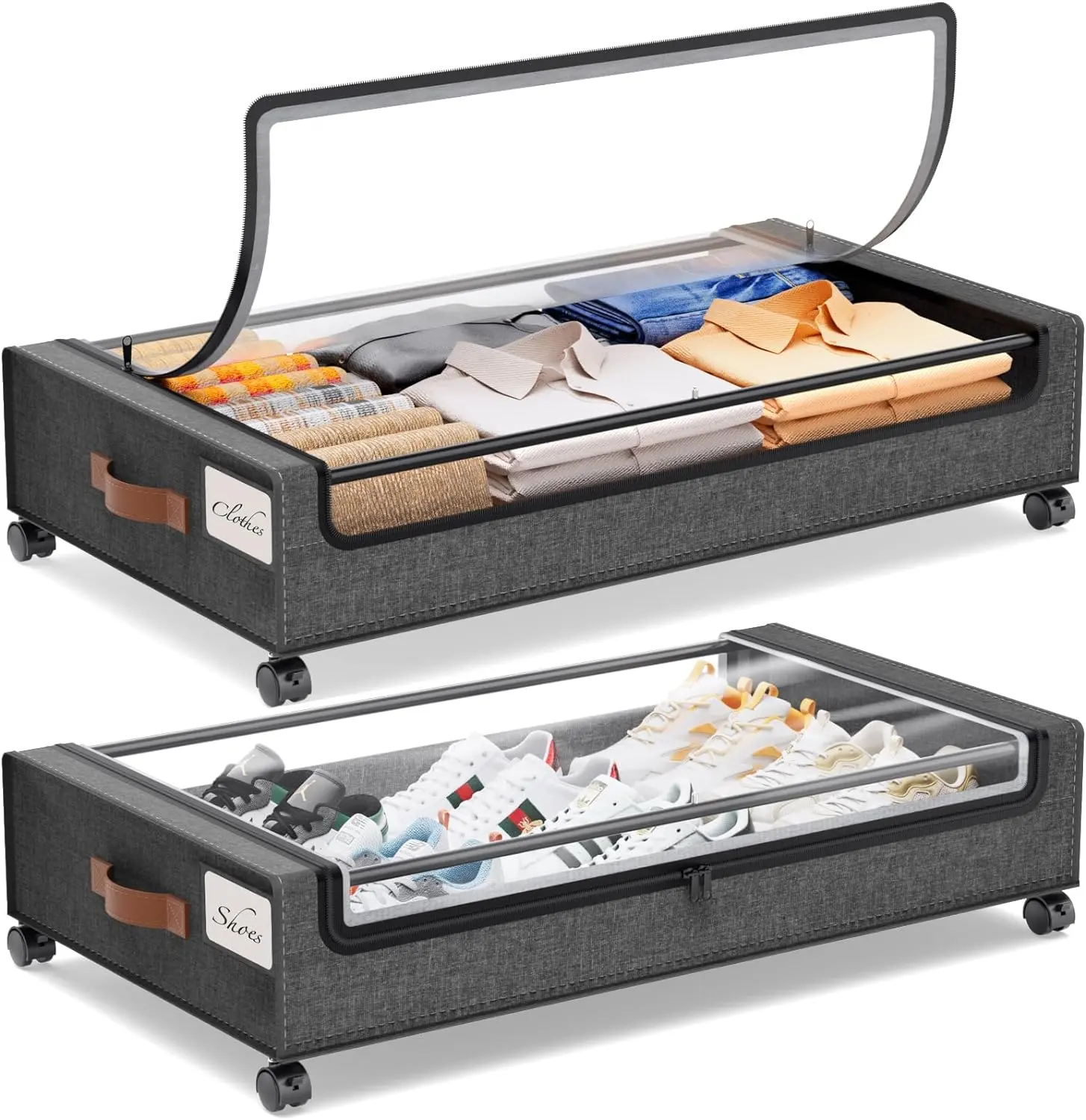 2‑Pack Under Bed Storage Box with Silent Wheels & Clear Lid, Rolling Under‑Bed Storage Organizer Drawer Bins for Clothes Shoes Toys, Dorm Room College Essentials for Bedroom Dormitory