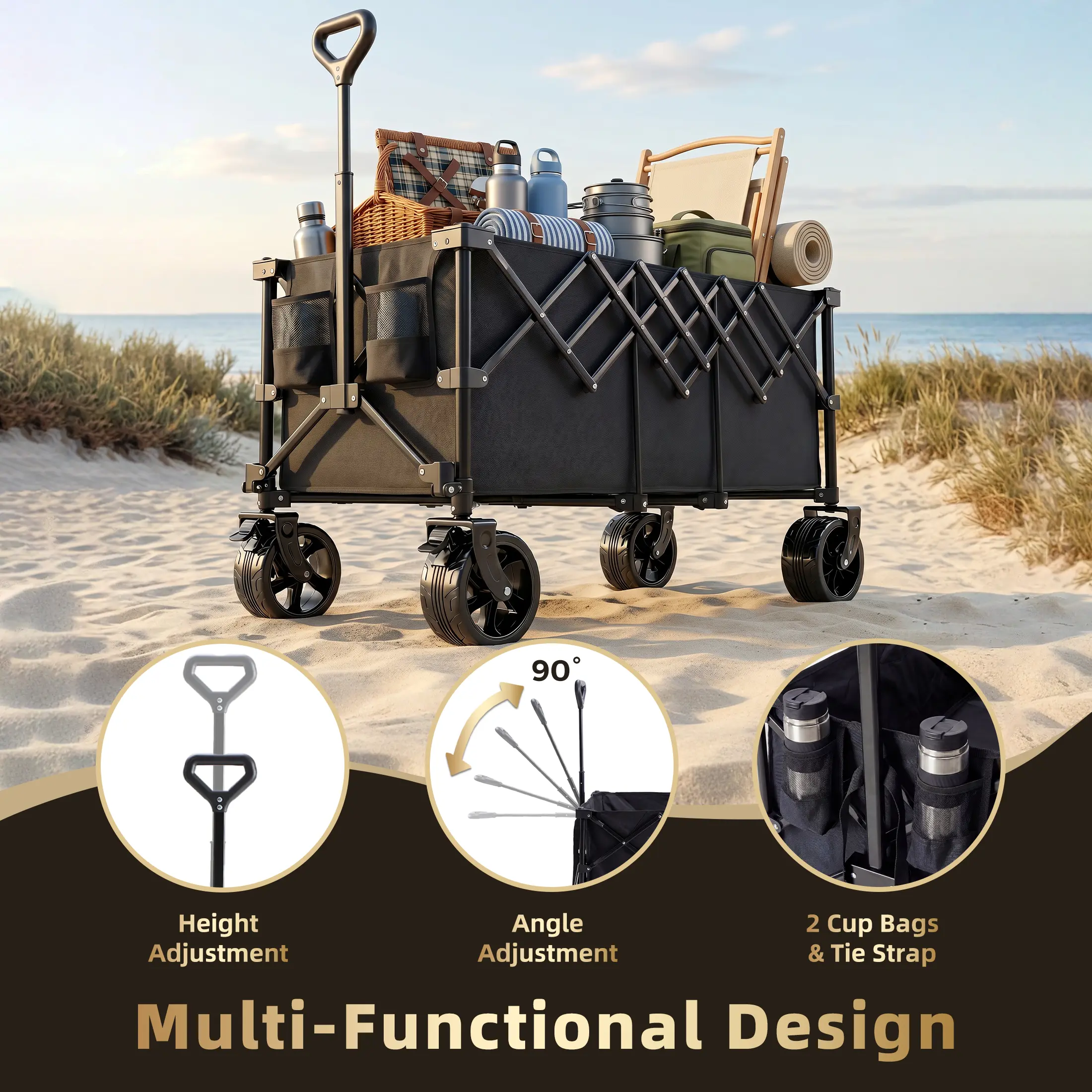 This large‑capacity collapsible utility wagon boasts tough 600D Oxford fabric, adjustable pull‑handle and 360° swivel wheels for all‑terrain outdoor hauling.