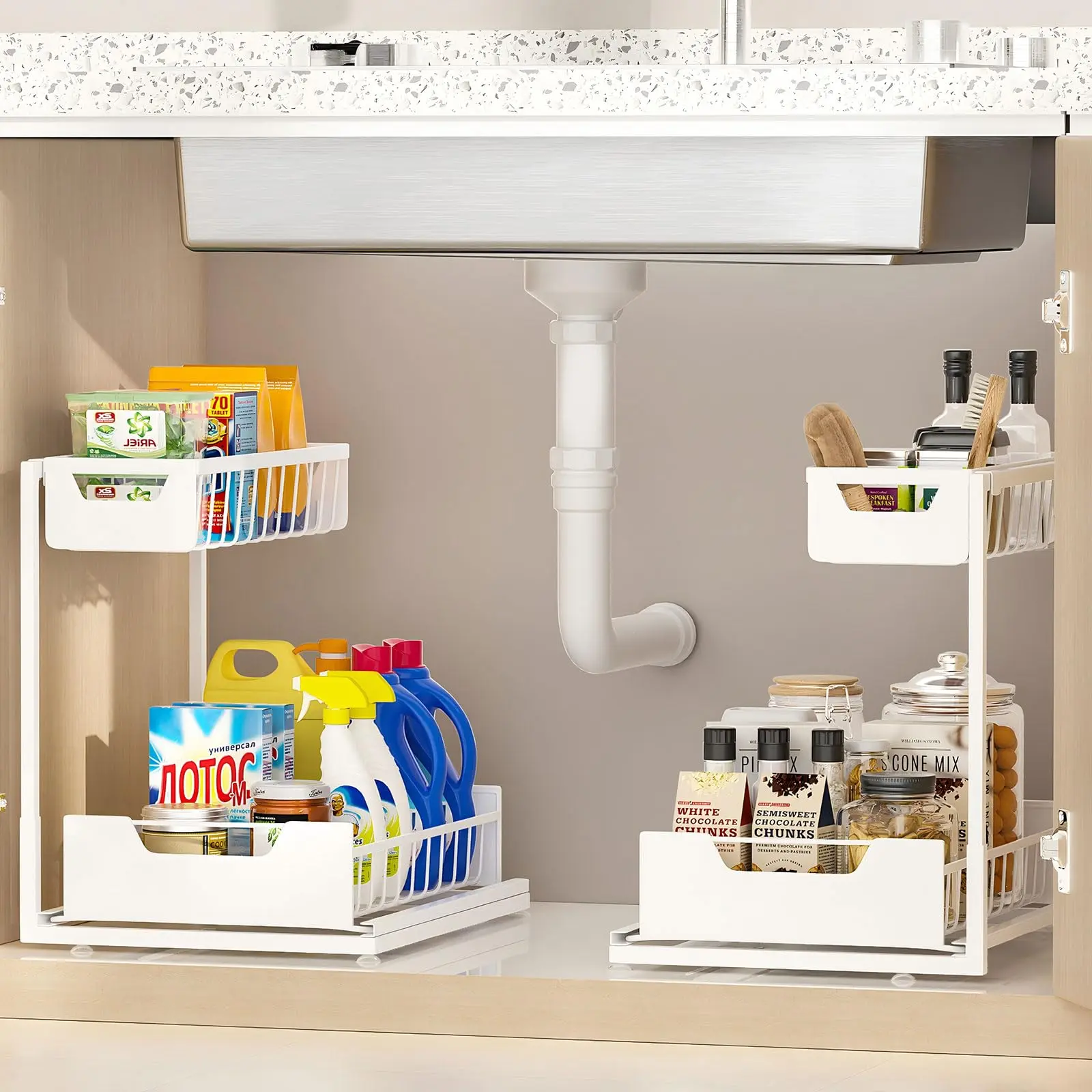 Undersink Storage Rack with 2 Layers Metal Pull-Out Kitchen Cabinet Organizer