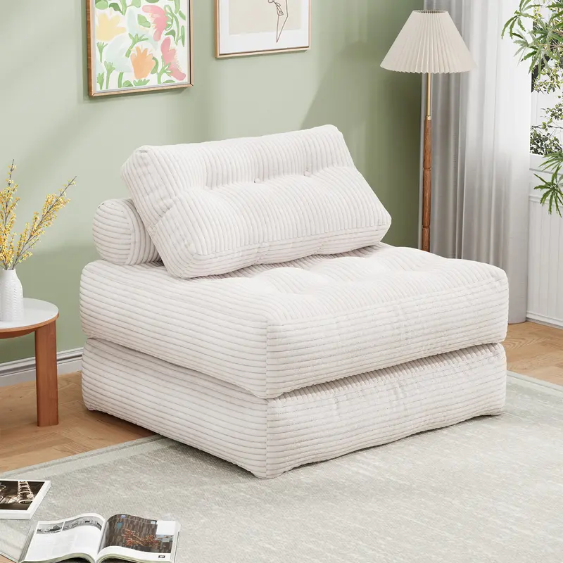 Cnmcld Folding Sofa Bed with Headrest & Lumbar Pillows, 3‑in‑1 Convertible Couch for Sitting Lounging Sleeping, Soft Corded Fabric in Pink Gray Beige for Dorm Small Apartment