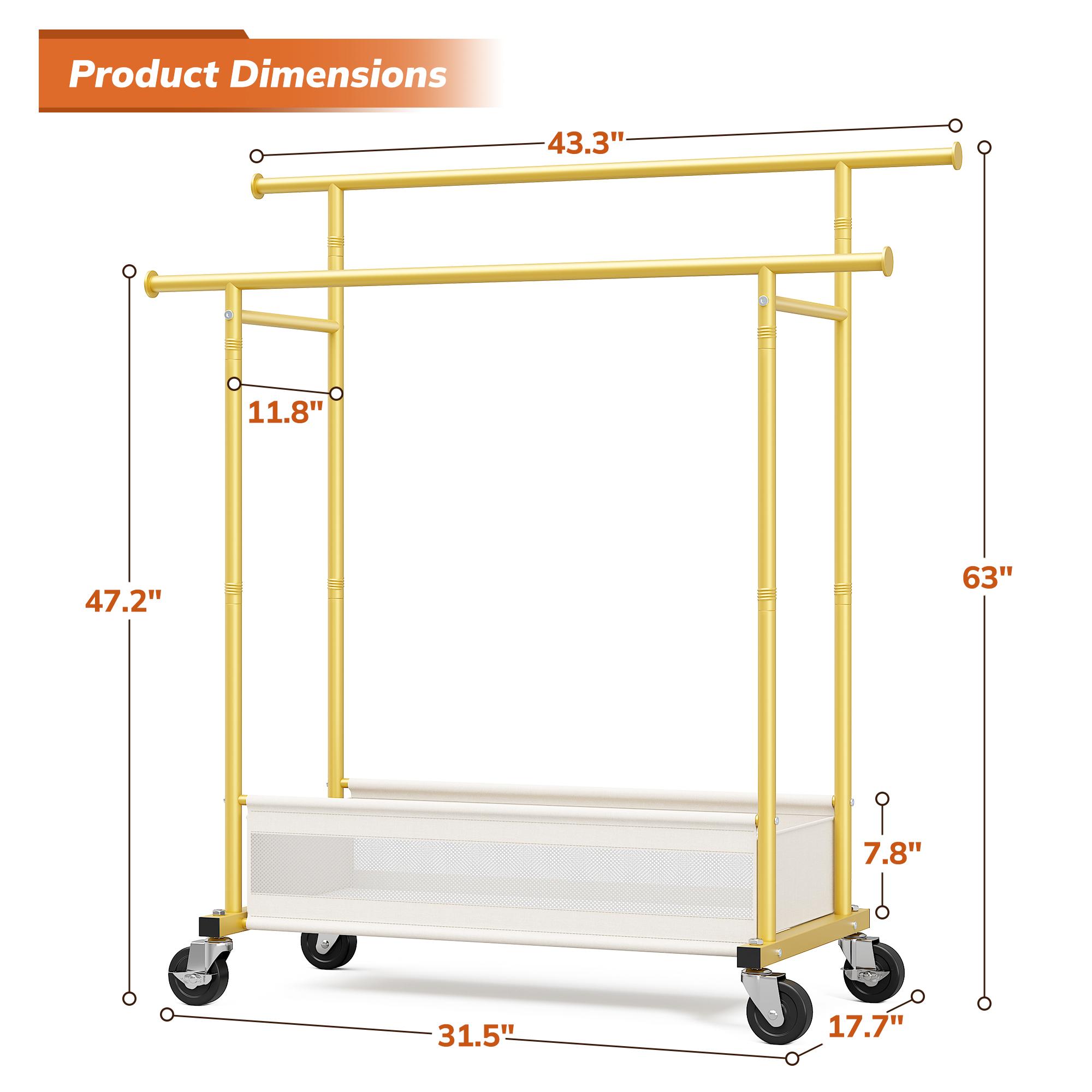 Raybee Heavy Duty Clothing Racks with Net Pocket Holds Up to 210lbs,Double Rod Metal Clothes Rack for Hanging, Rolling Garment Rack with Wheels Portable Closet Racks for Bedroom, Laundry Room,Dorm, Black, White, Gold