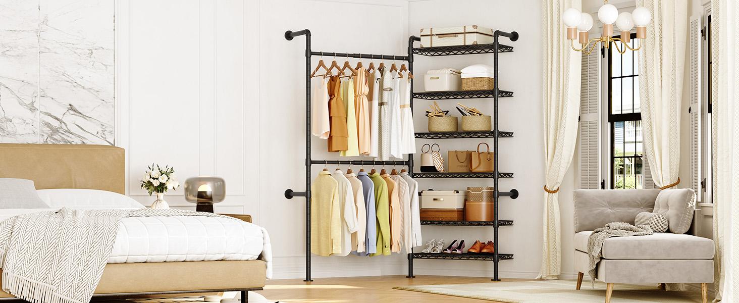 【MAX 900 LBS】ONBRILL Expandable(18.3-34.6") Wall Mounted Closet System, Industrial Pipe Clothing Rack, Clothes Rack Garment Racks Wardrobe Racks for Hanging Clothes, Heavy Duty Closet Organizers for LivingRoom Bedroom Furniture【BackToSchool】