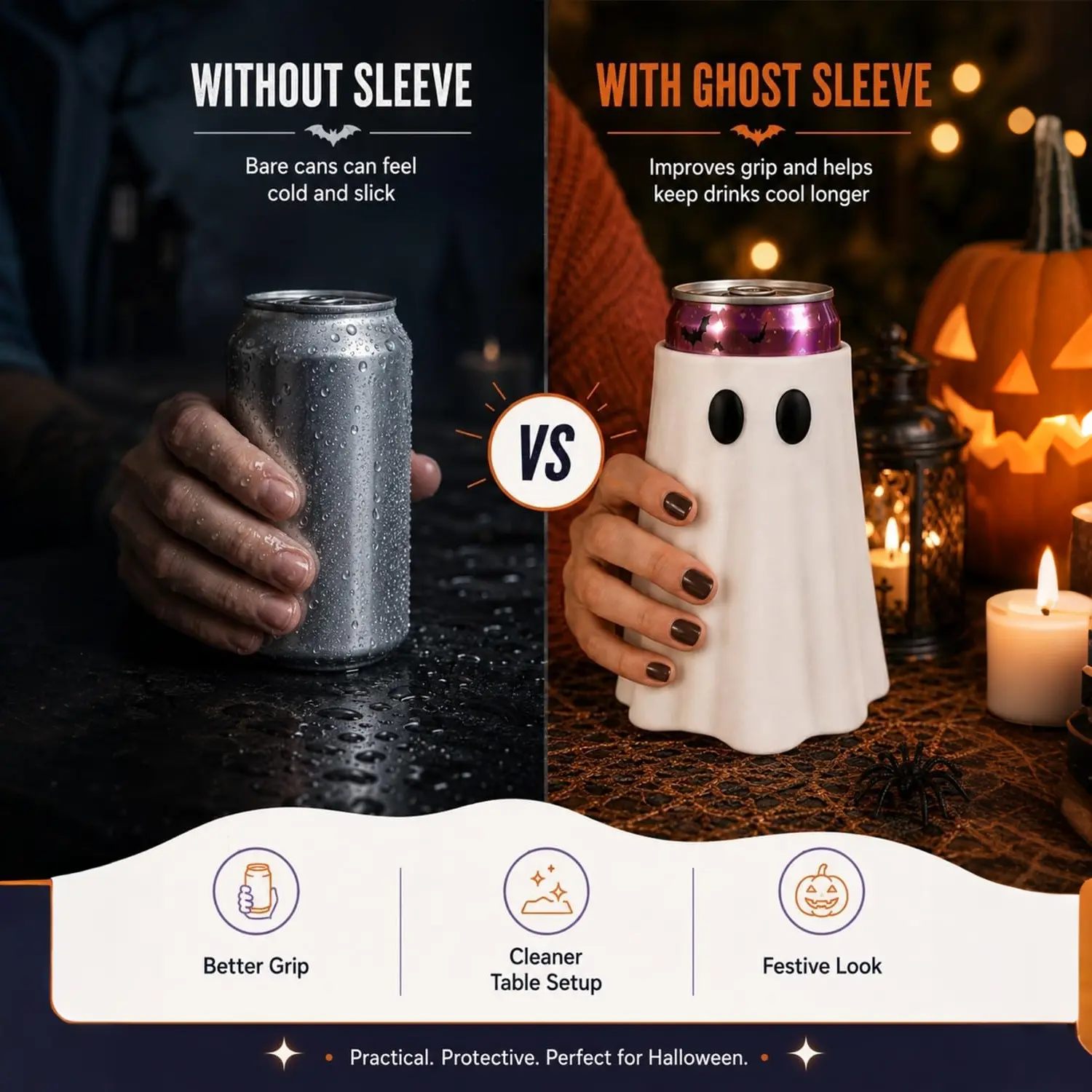Spooky Can Accessories - Witch Hat Can Topper & Ghost Can Sleeve