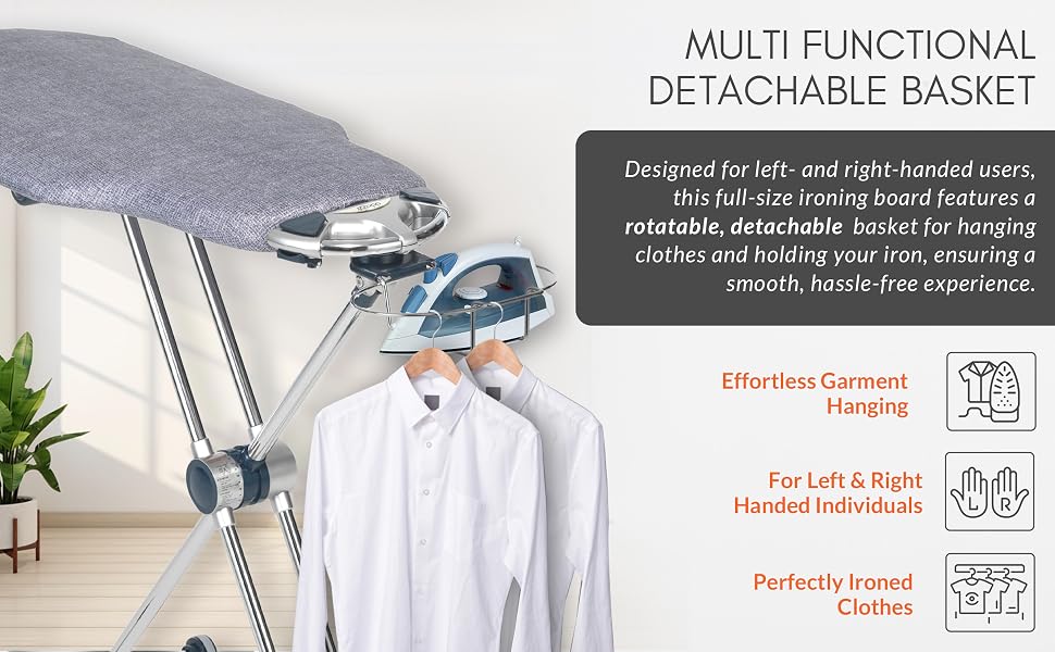 Dazzl 360 ironing board with detachable basket for iron and clothes, ideal for all users