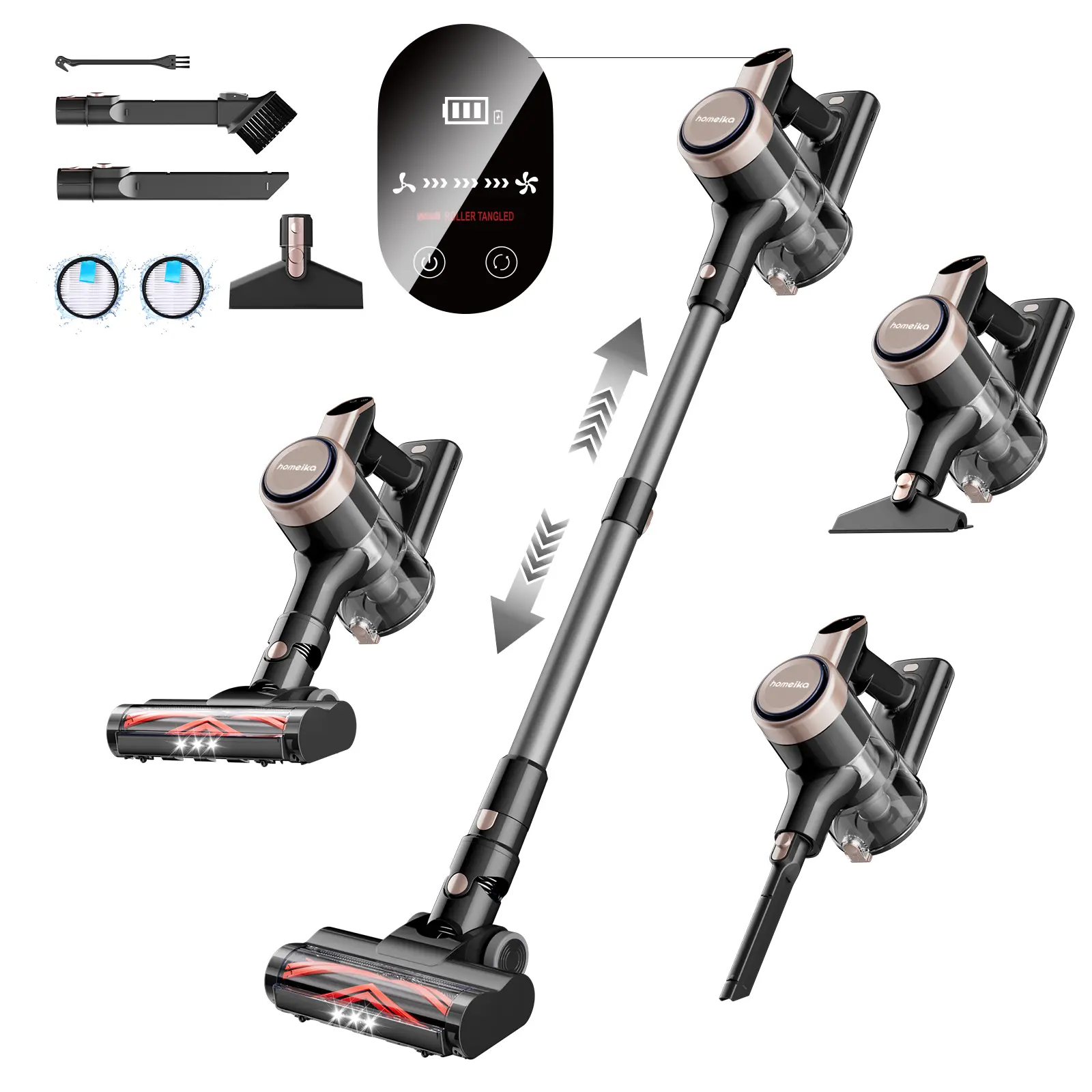 Power‑run cordless vacuum with 3 suction modes, detachable long‑life battery, LED brush head and handy accessories for full‑house one‑hand cleaning.