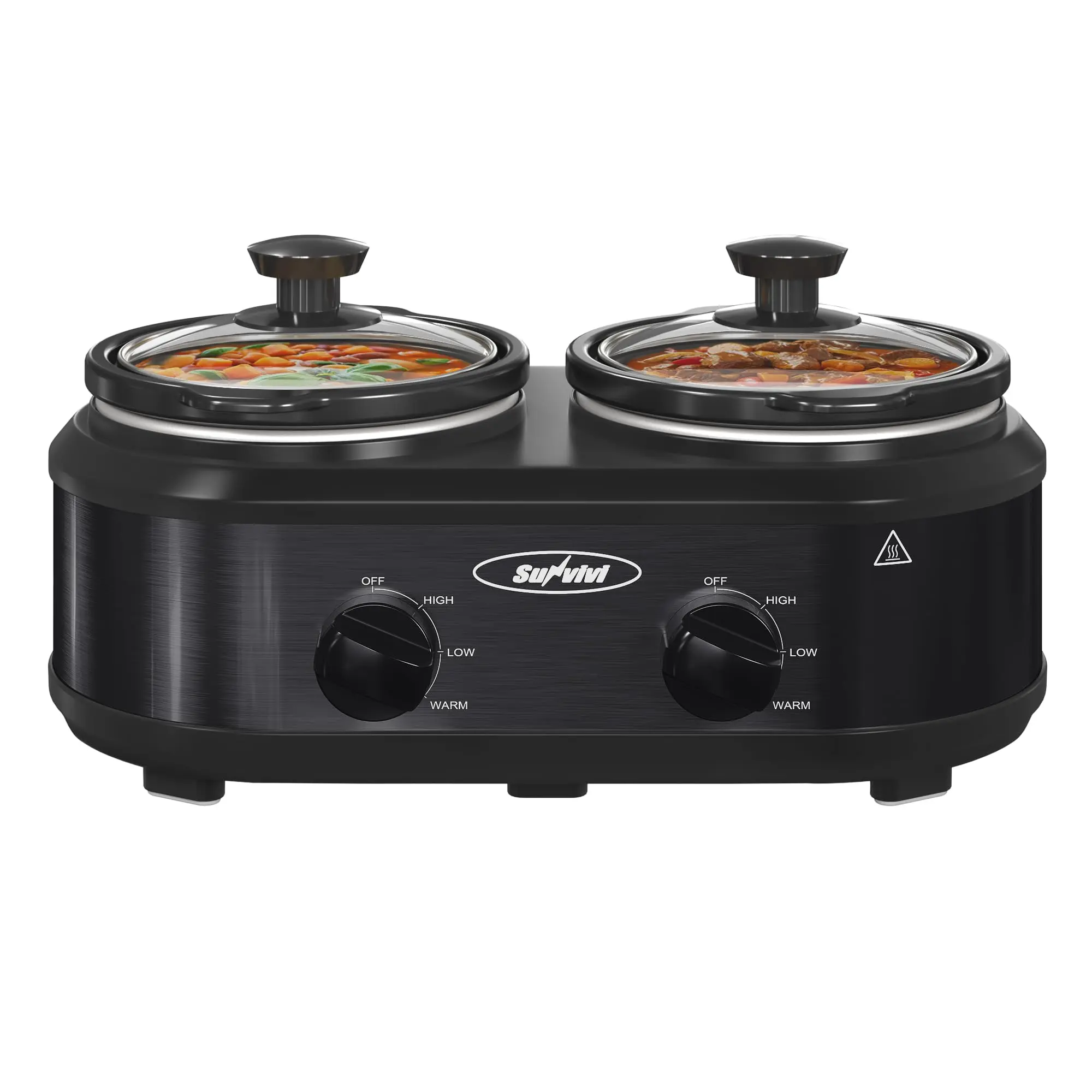 Triple‑pot slow cooker with independent temperature controls, cook three dishes at once, dishwasher‑safe pots, ideal for family meals and entertaining guests.