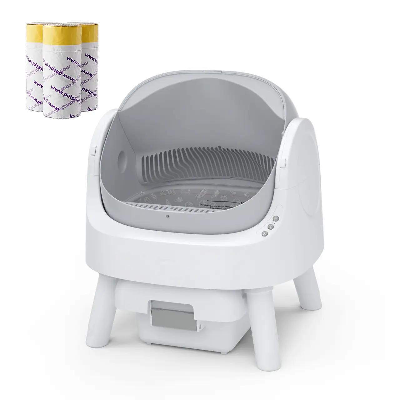 Open‑top self‑cleaning cat litter box with infrared safety sensors, odour‑locking sealed waste drawer, whisper‑quiet 32dB operation for up to 14‑days hands‑free cleaning.