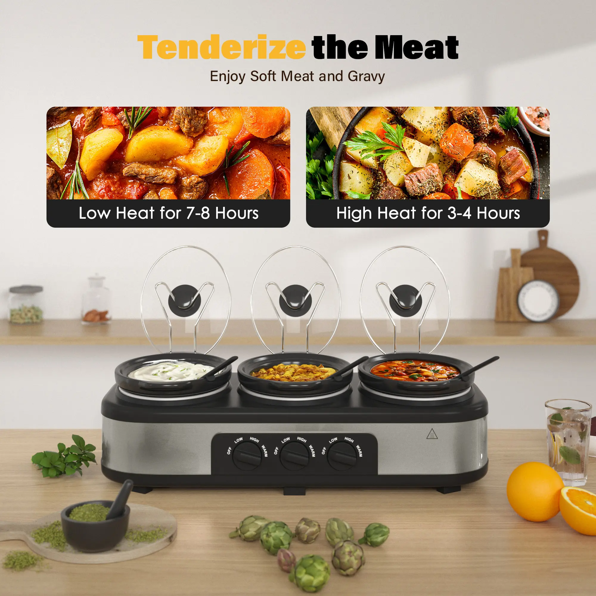 Triple‑pot slow cooker with independent temperature controls, cook three dishes at once, dishwasher‑safe pots, ideal for family meals and entertaining guests.