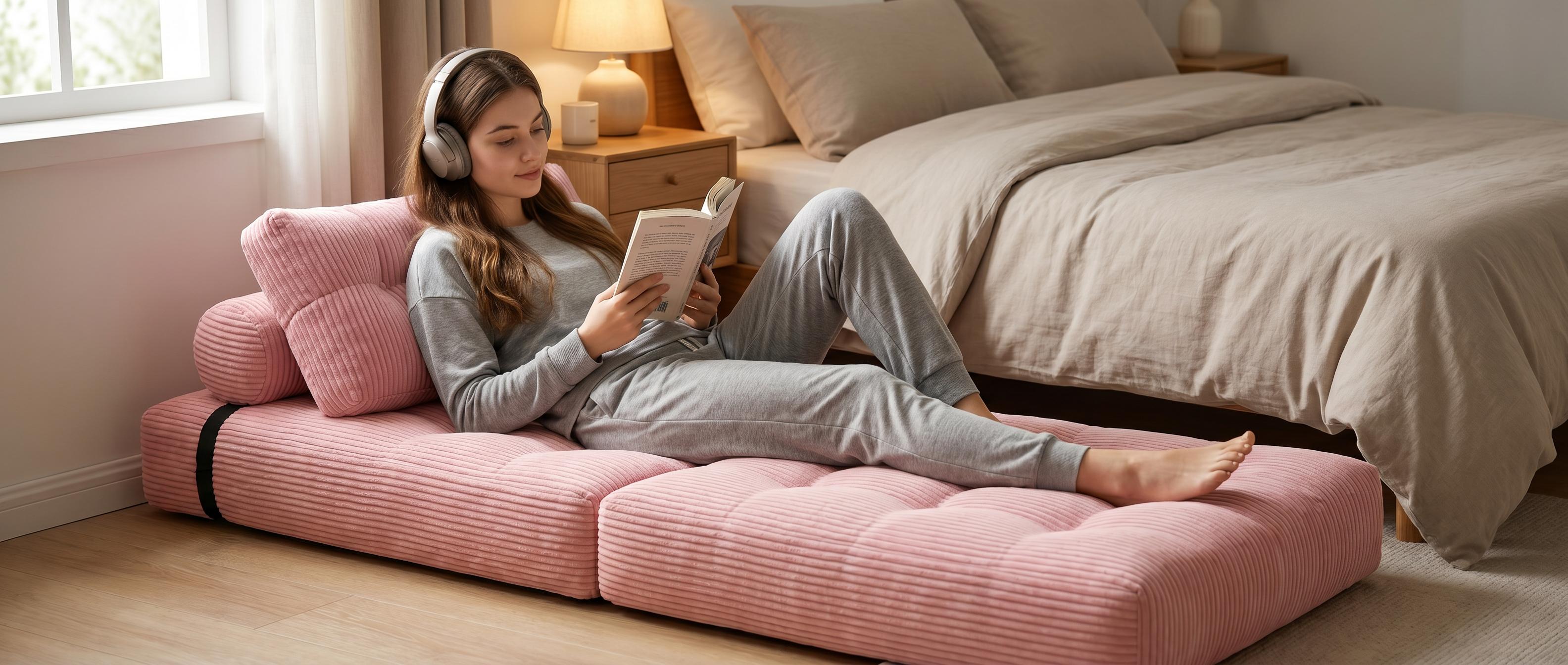 Mr IRONSTONE Convertible Sleeper Sofa Bed - Furniture, Corded Fabric Foldable Couch for Bedroom with Headrest, Pillow, Back Support Mattress, Apartment Furniture for Small Living Spaces (Pink, Gray, Beige)