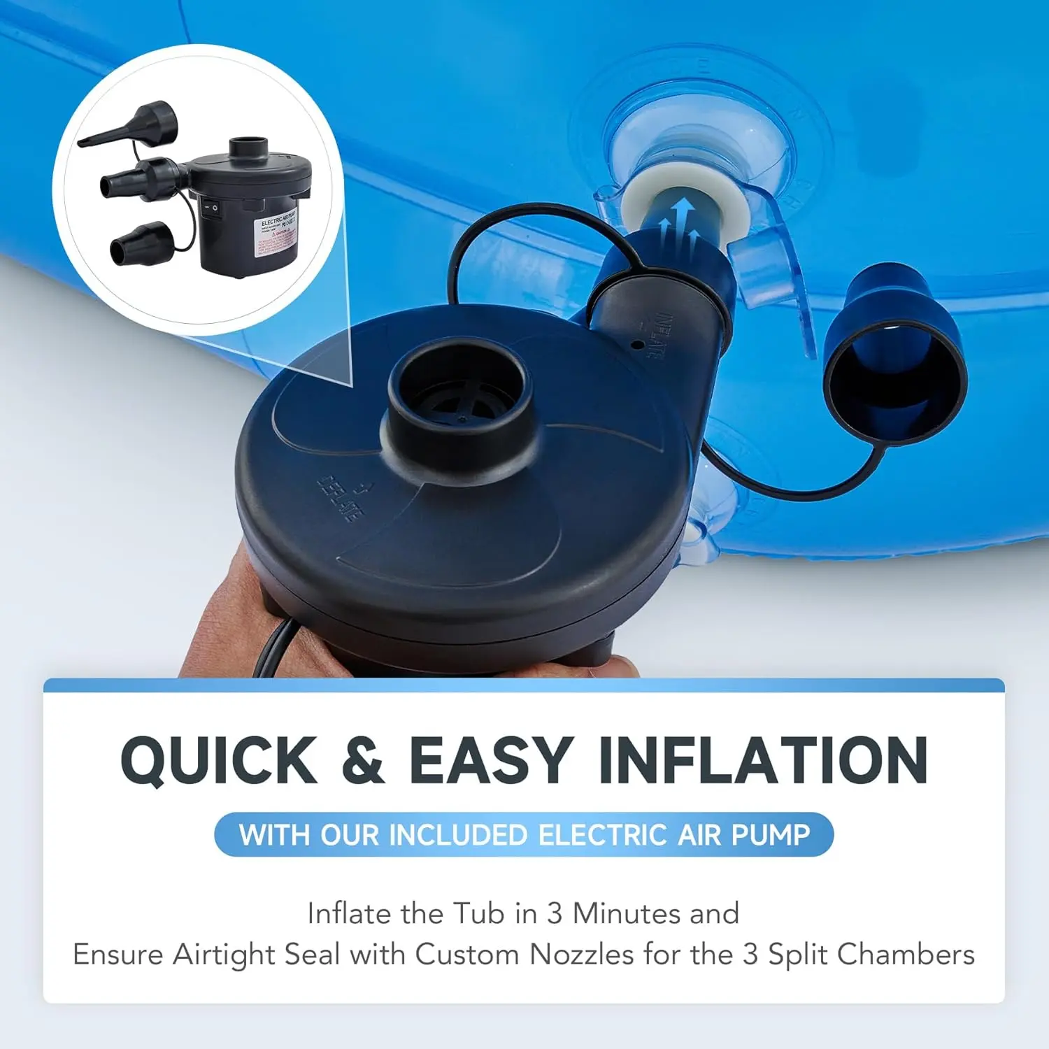 Inflatable Bathtub with Electric Air Pump & Bath Pillow Headrest Portable Blow Up Tub for Adults Durable PVC Material Indoor Outdoor Use Foldable Spa Cover Drainage Hose Cup Holder