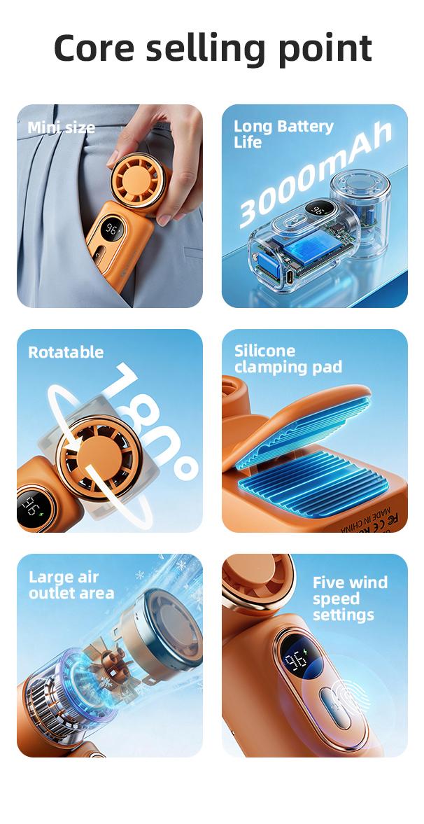 Lzaitai 3-in-1 Mini Portable Handheld Clip Cooling Fan - 3000mAh Rechargeable Battery, 5 Speeds, 180&deg; Adjustable Airflow, USB Powered, Ideal for Travel, Office, Travel Stuff, Portable Fans Essentials
