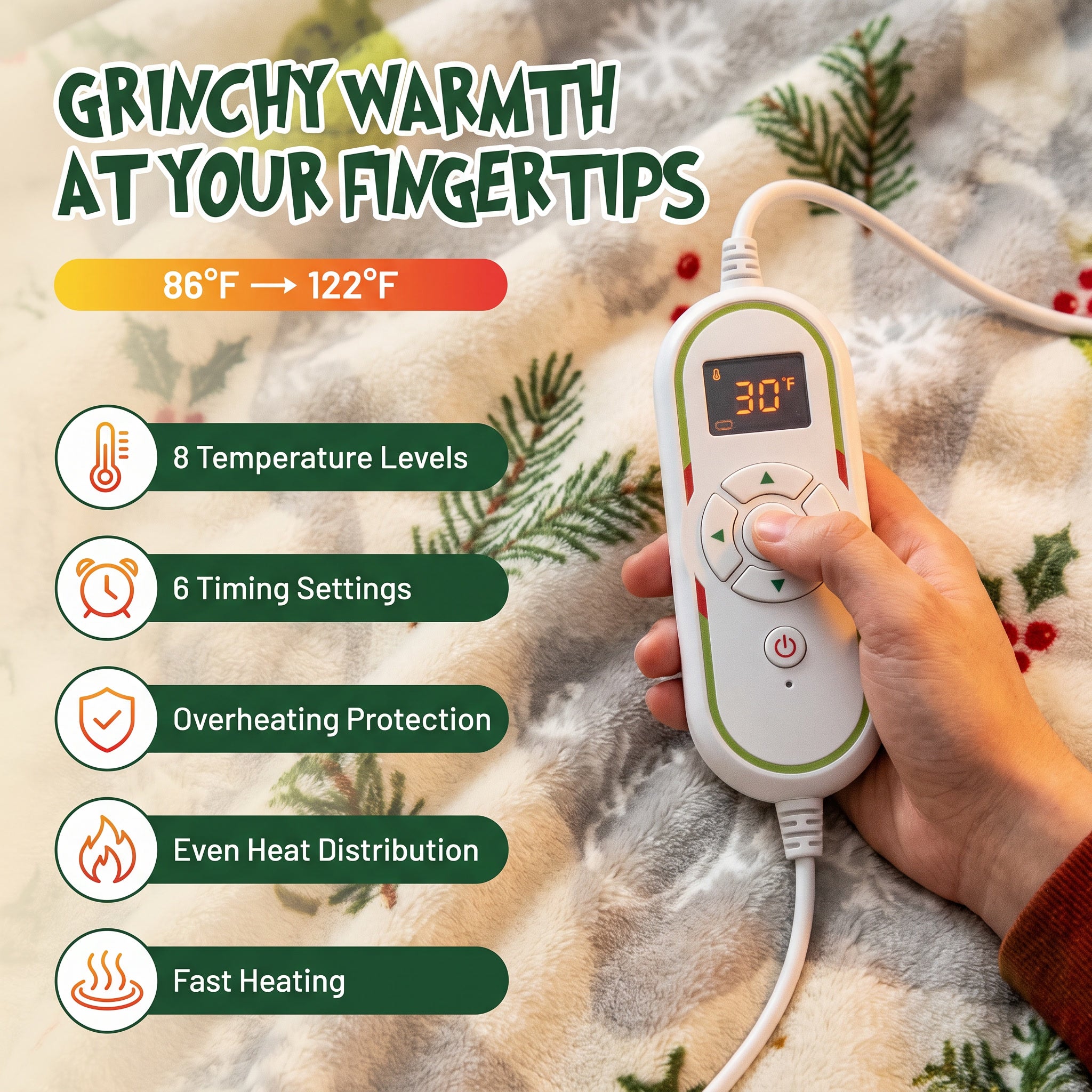 Festive USB‑powered heated fleece robe with three heat levels, plush warm sleeves and oversized hood, delivering snug winter comfort for indoor use.