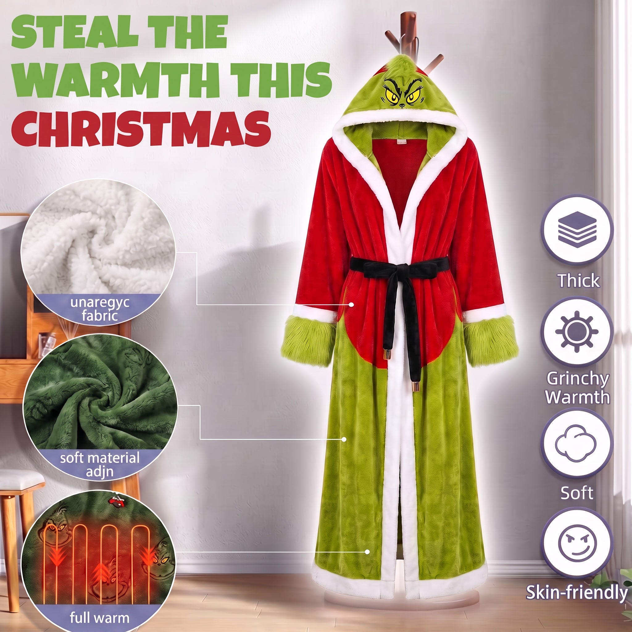 Festive USB‑powered heated fleece robe with three heat levels, plush warm sleeves and oversized hood, delivering snug winter comfort for indoor use.