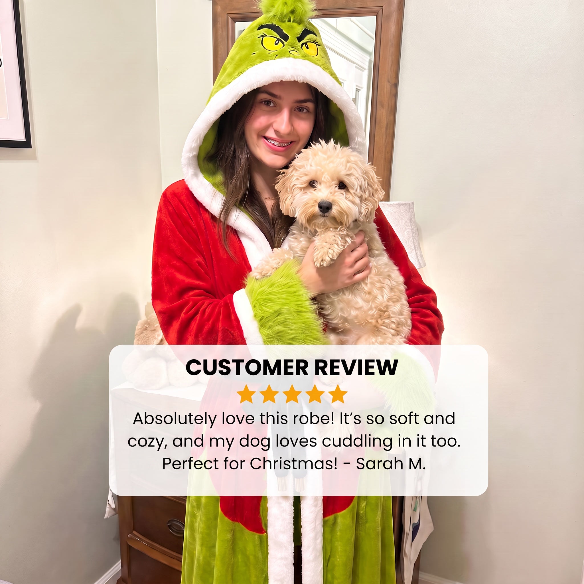 Festive USB‑powered heated fleece robe with three heat levels, plush warm sleeves and oversized hood, delivering snug winter comfort for indoor use.