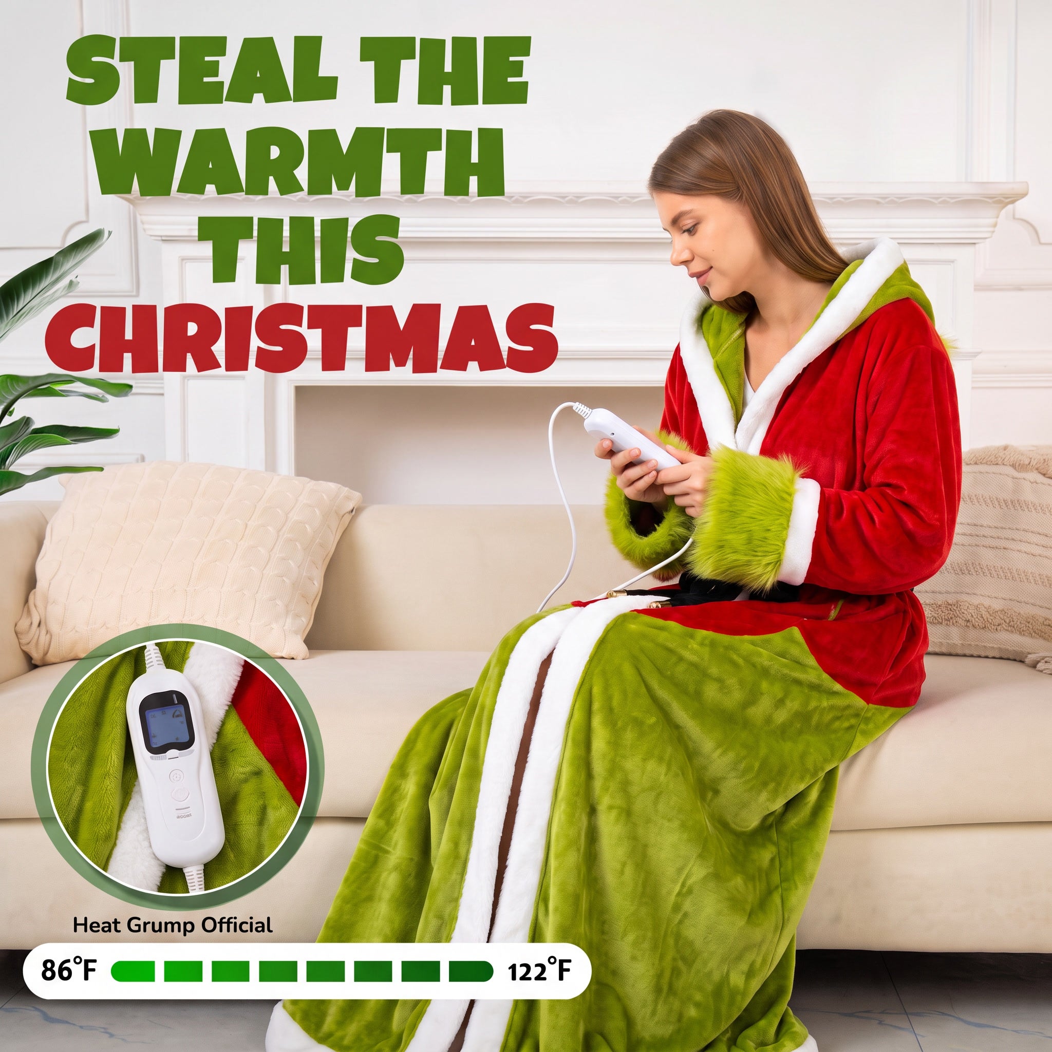 Festive USB‑powered heated fleece robe with three heat levels, plush warm sleeves and oversized hood, delivering snug winter comfort for indoor use.