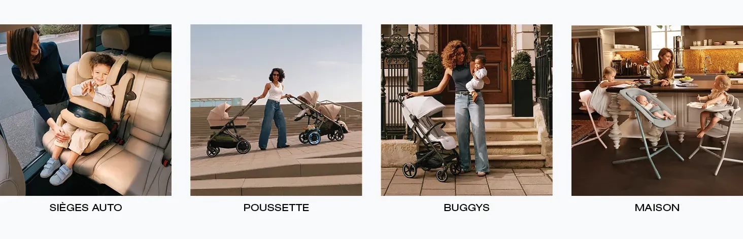 Le texte de la marque indique &laquo; Cybex &raquo;. S&eacute;quence de photographies de style de vie montrant l'utilisation du produit dans divers environnements ext&eacute;rieurs.
