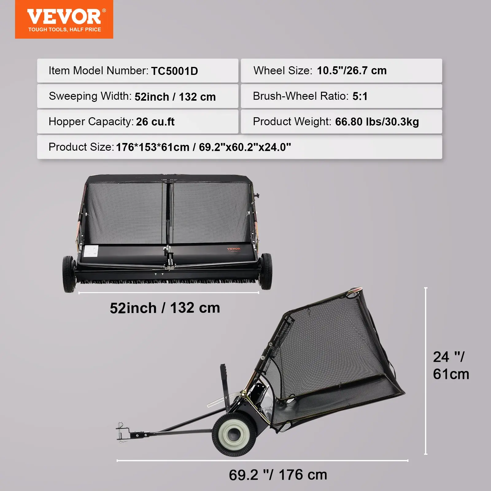 26‑inch manual push lawn sweeper with adjustable‑height dense spinning brushes, heavy‑duty steel frame and large 7 ft³ hopper bag for easy garden leaf and grass‑debris clearance.