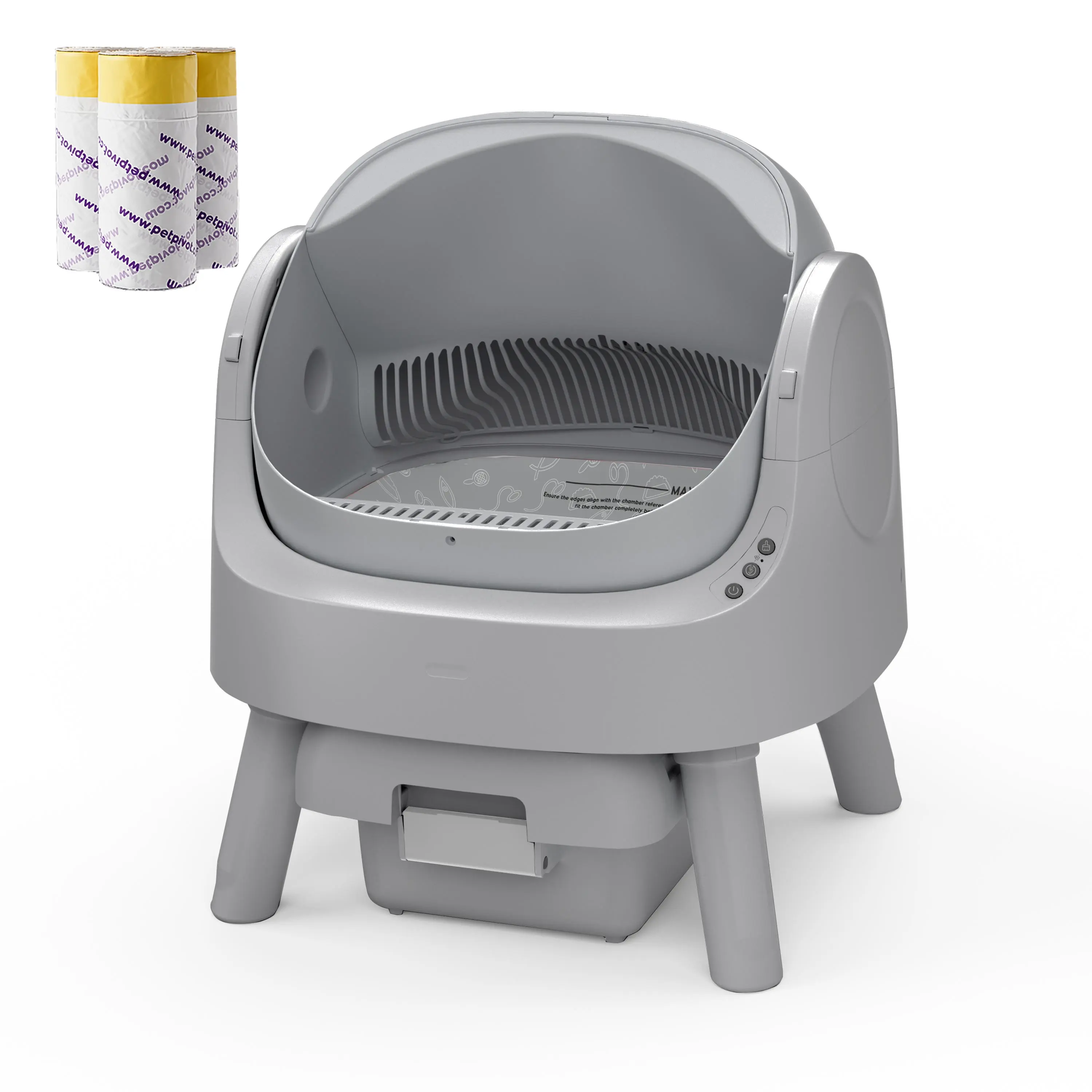 Open‑top self‑cleaning cat litter box with infrared safety sensors, odour‑locking sealed waste drawer, whisper‑quiet 32dB operation for up to 14‑days hands‑free cleaning.