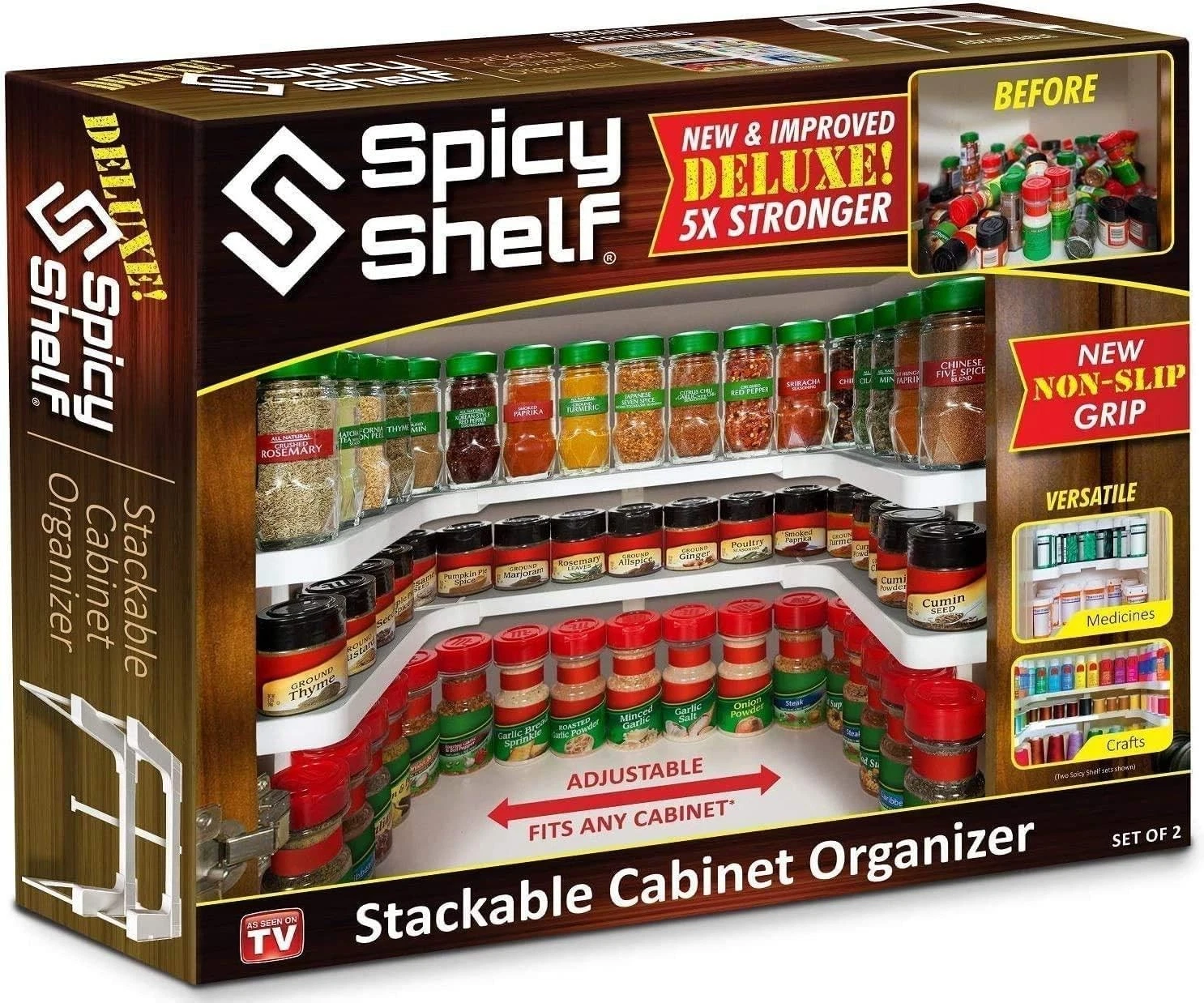 Reinforced adjustable cabinet organiser with non‑slip surface, holds 40 lbs, stores up to 64 spice jars. Versatile for spices, supplements and craft gear to tidy kitchen cupboards.