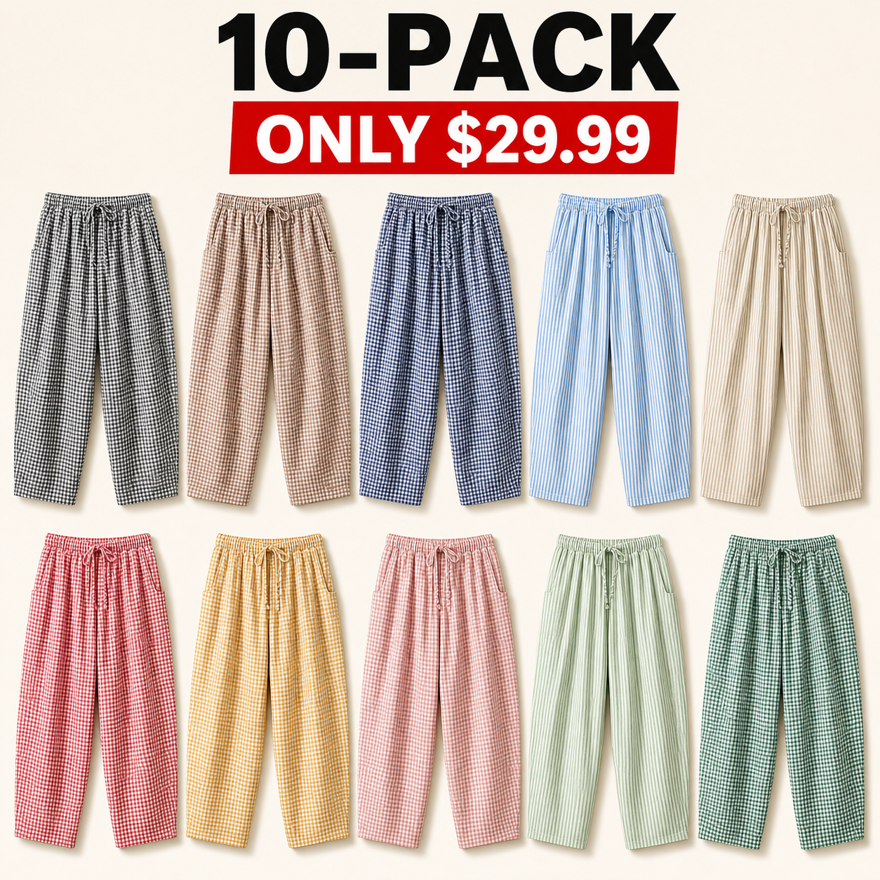 Pattern Sampler 10-piece women's linen-blend gingham wide-leg pants bundle