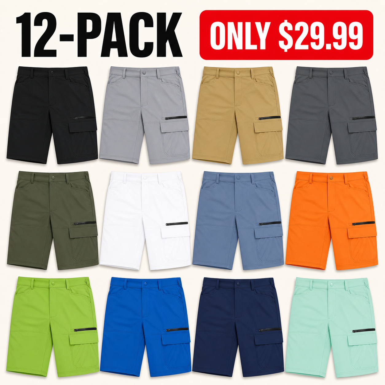 1 of Each - Core 12 12-piece men's 9-inch quick-dry cargo shorts bundle