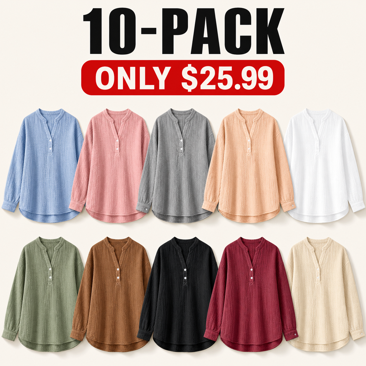 Balanced Color Mix 10-piece women's cotton v-neck button blouse bundle
