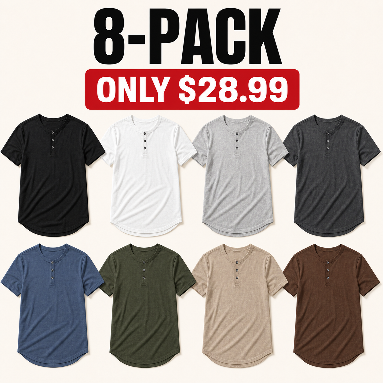 Core 1 of Each 8-piece men's slim-fit longline henley shirt bundle