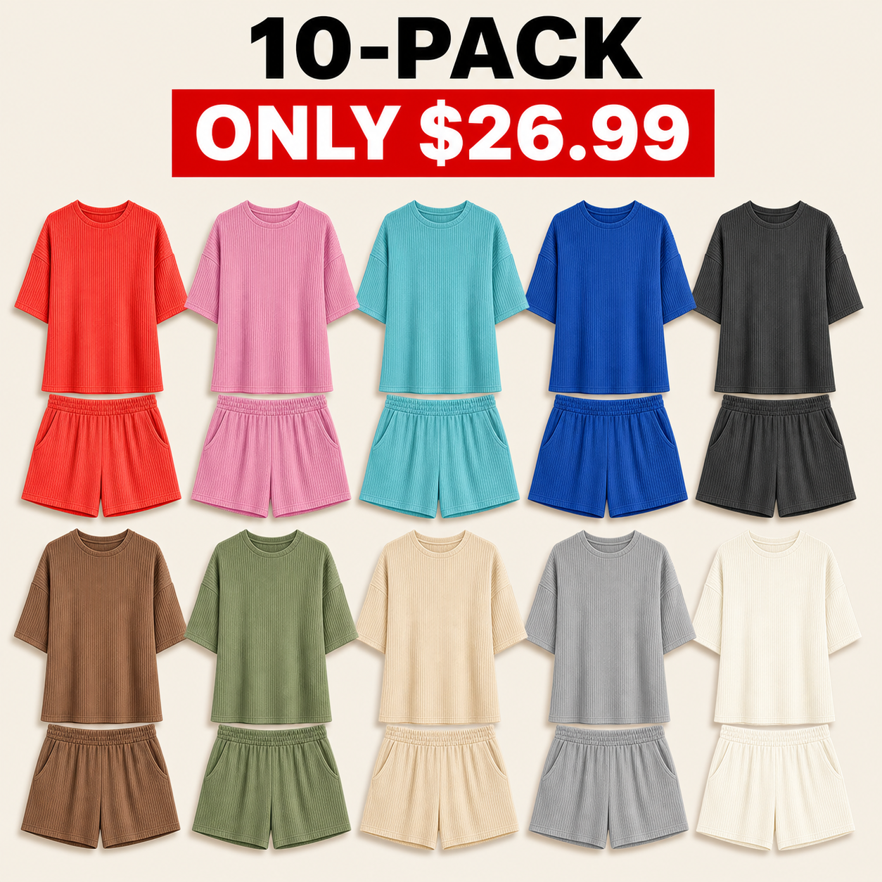 One of Each Color 10-piece women's ribbed-knit tee & shorts set bundle