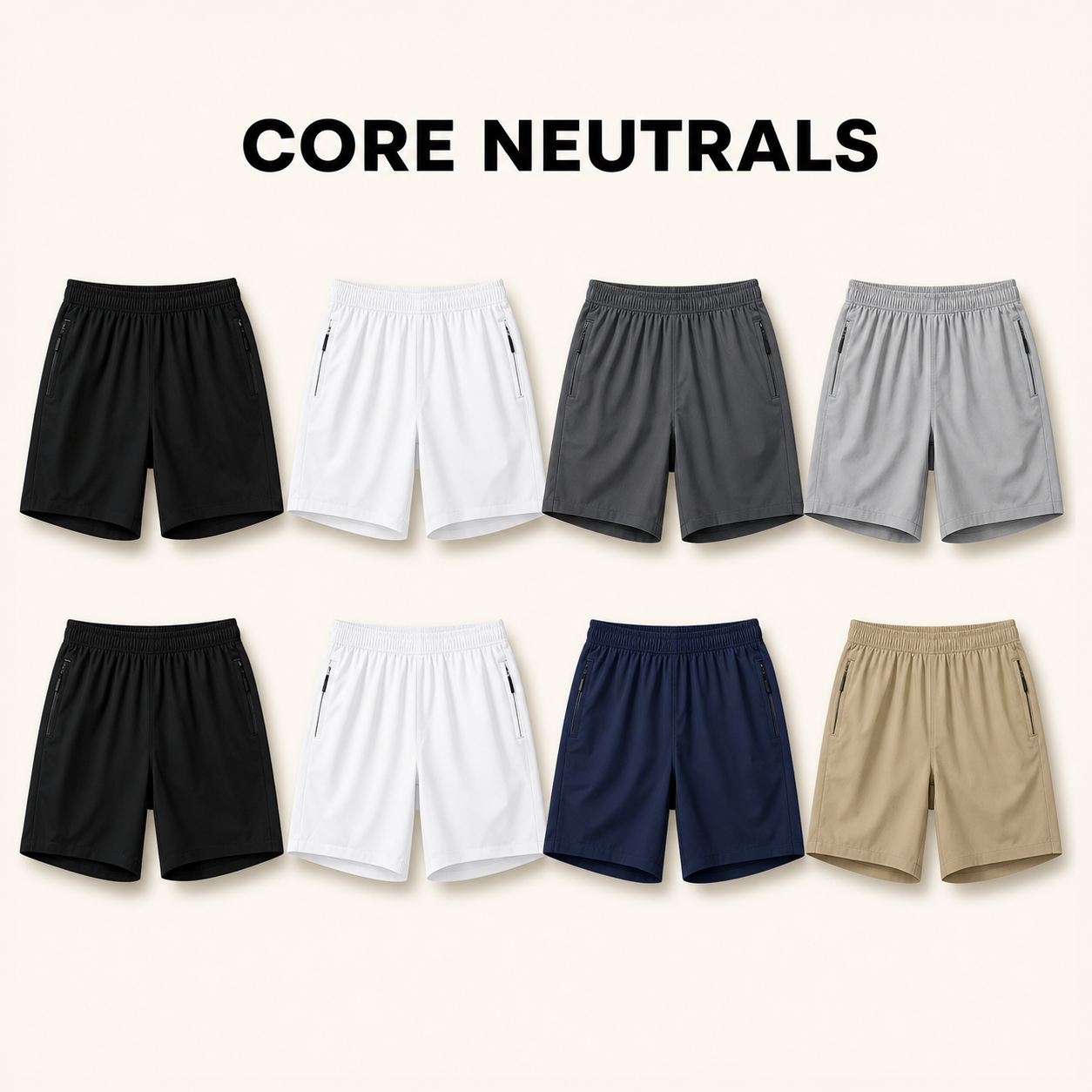 Core Neutrals 8-piece men's lightweight zipper pocket shorts bundle