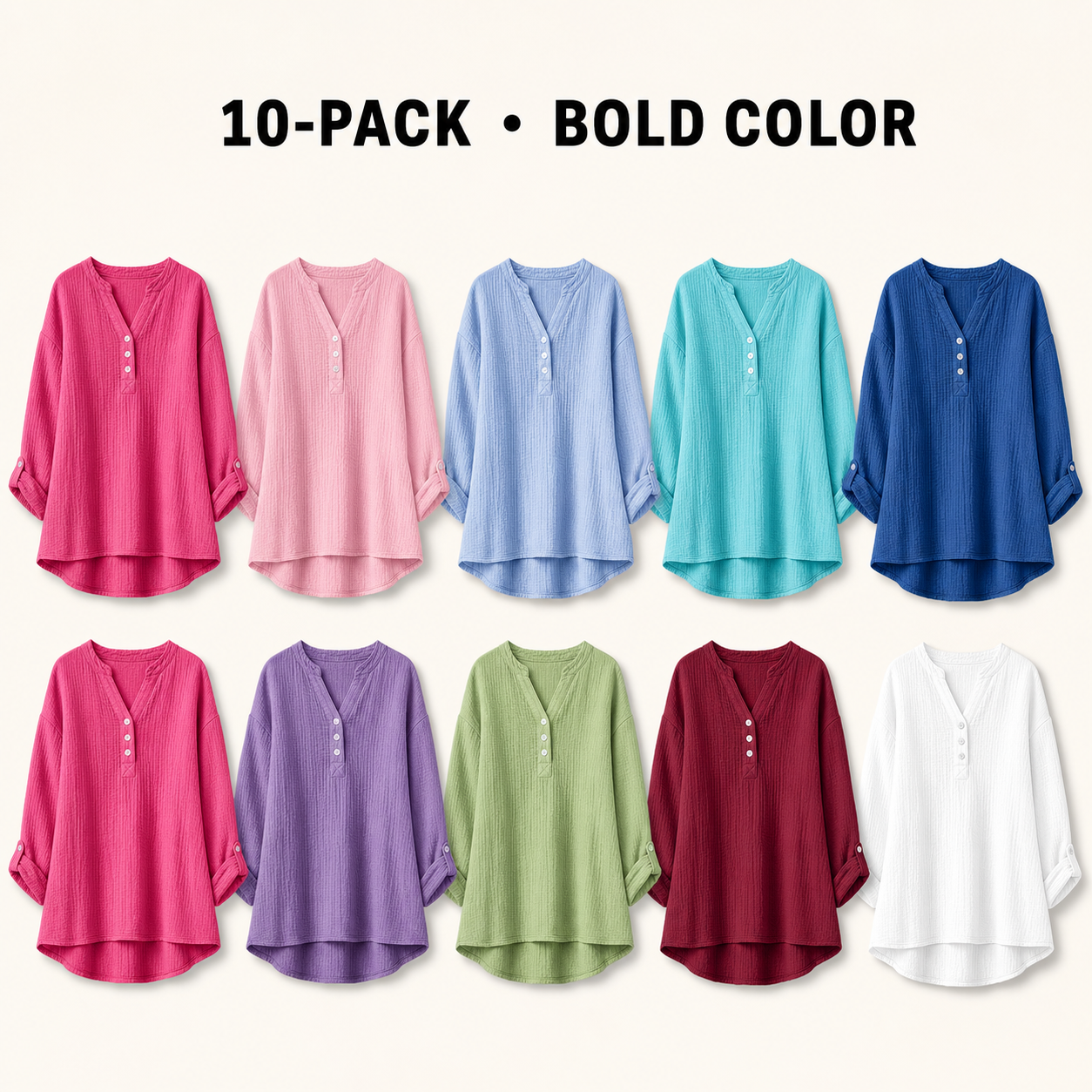 Bold Color 10-piece women's cotton v-neck button blouse bundle