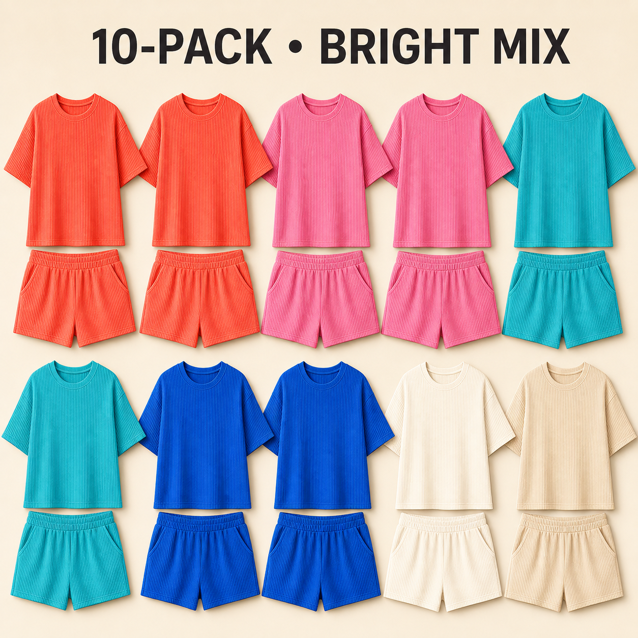 Bright Mix 10-piece women's ribbed-knit tee & shorts set bundle