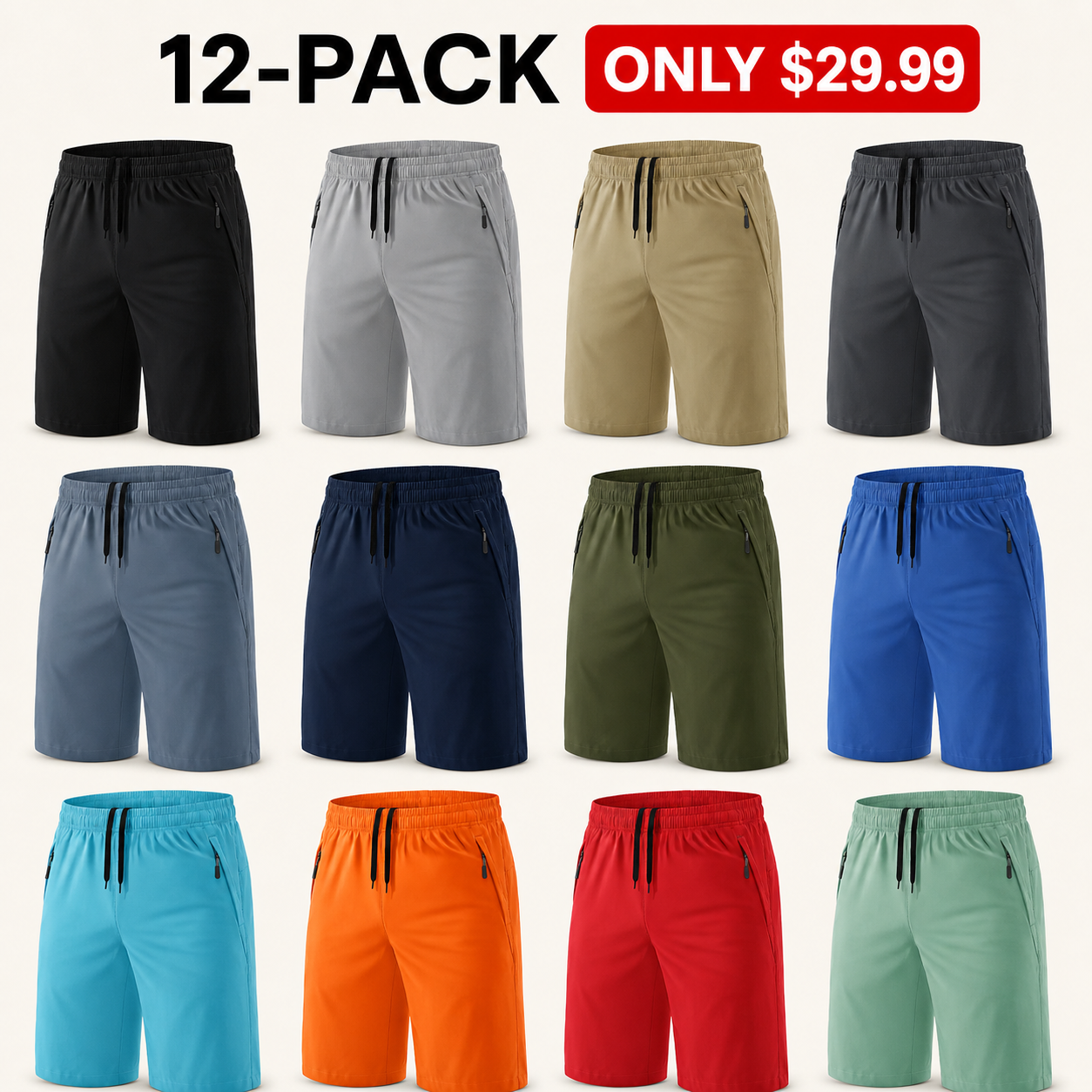 1 of Each - Core 12 12-piece men's 9-inch quick-dry athletic shorts bundle